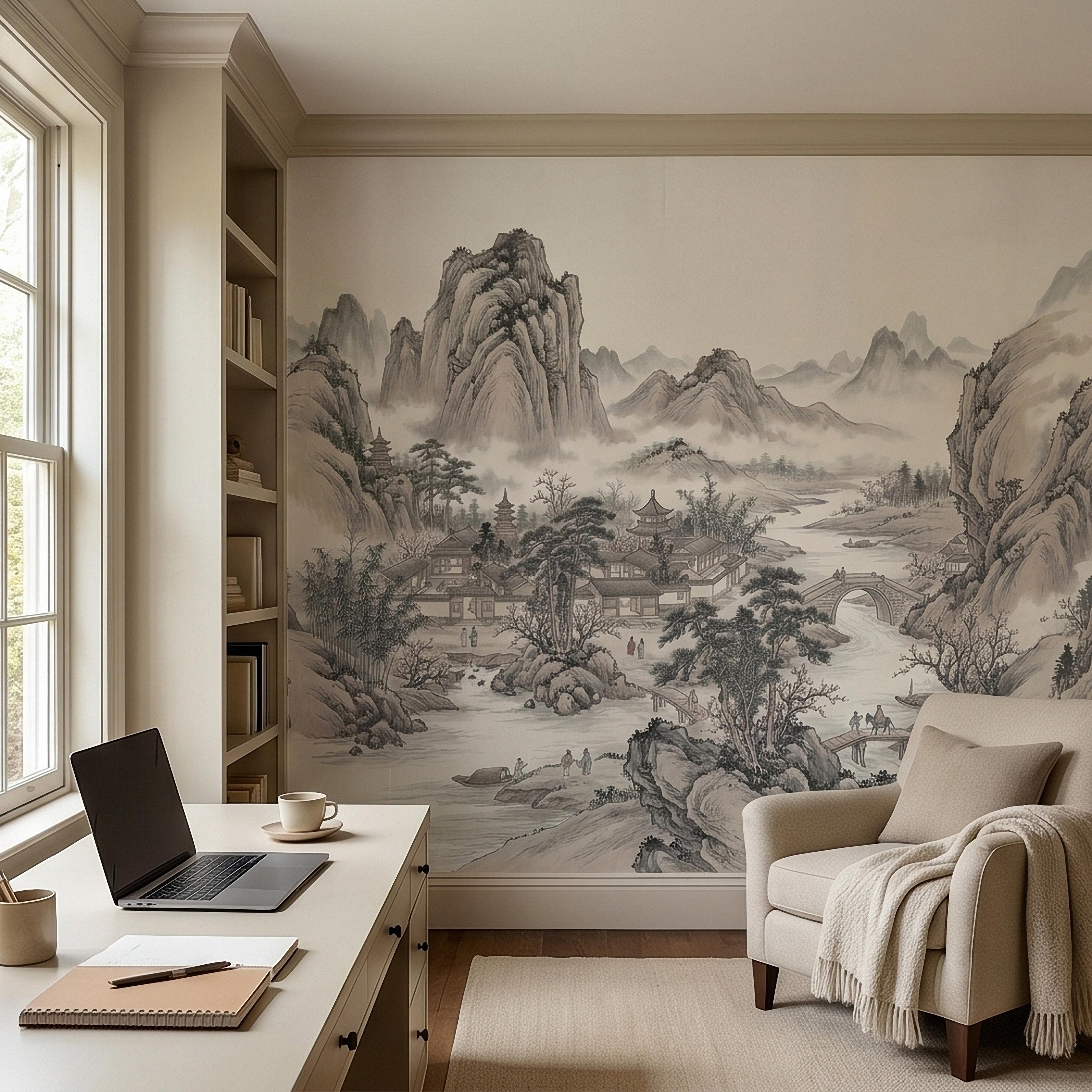 Chinese Ink Wash Landscape Peel and Stick Wall Mural, Chinoiserie Mountain River Pagoda Scene, Traditional Shan Shui Zen Asian Art Wallpaper