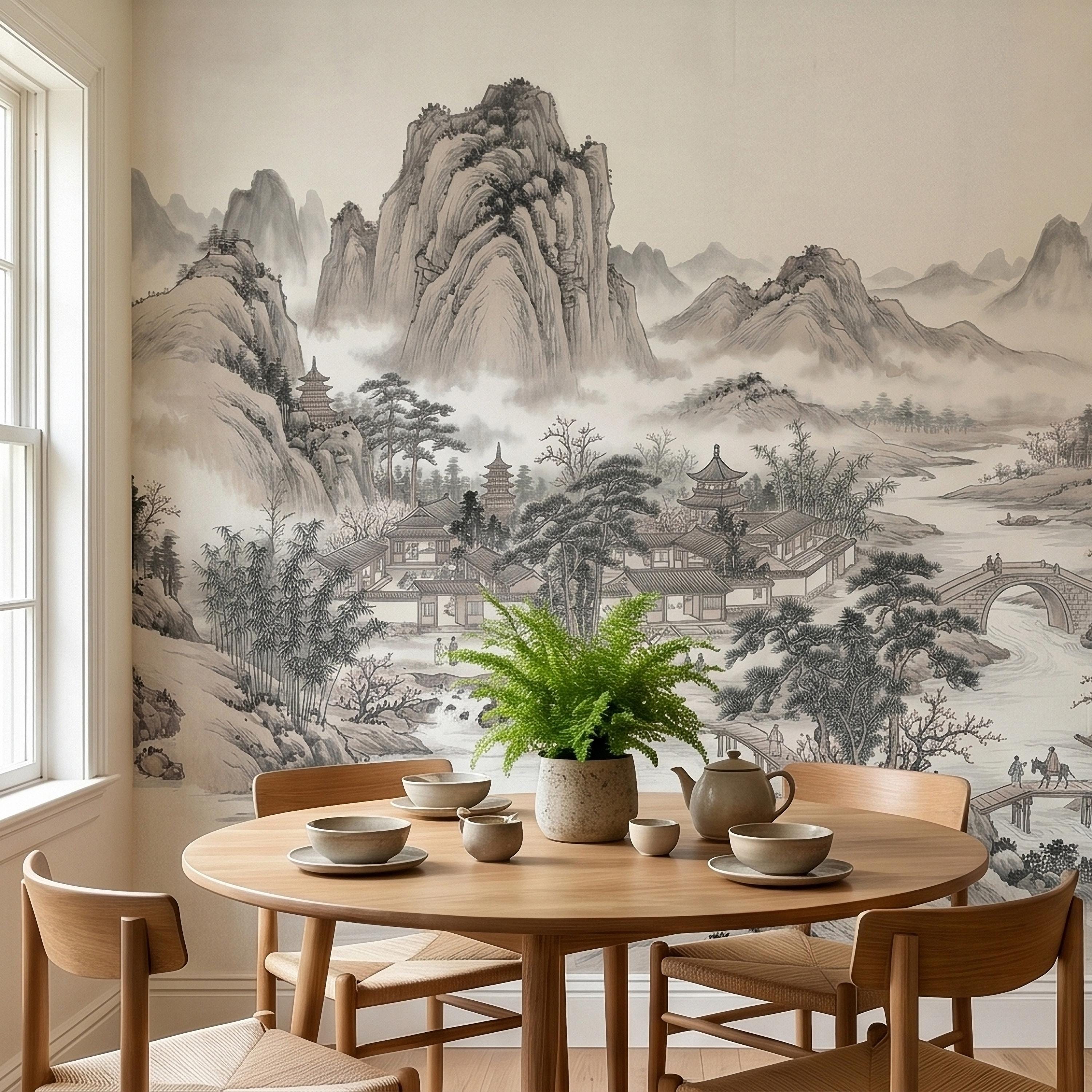 Chinese Ink Wash Landscape Peel and Stick Wall Mural, Chinoiserie Mountain River Pagoda Scene, Traditional Shan Shui Zen Asian Art Wallpaper