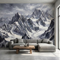 Snowy Mountain Peaks Peel and Stick Wall Mural, Black and White Moody Winter Alpine Landscape Oil Painting, Dramatic Glacier Range Wallpaper
