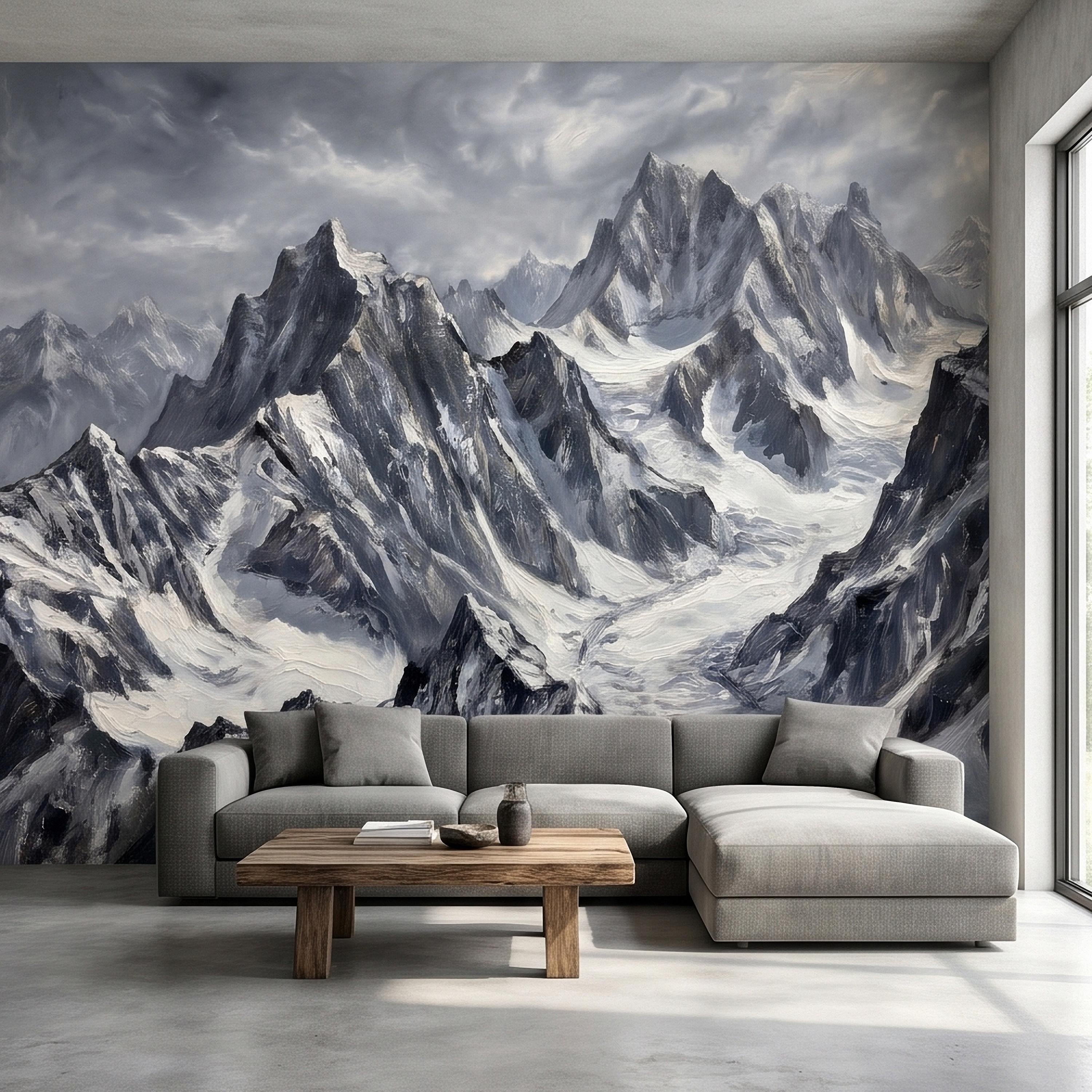 Snowy Mountain Peaks Peel and Stick Wall Mural, Black and White Moody Winter Alpine Landscape Oil Painting, Dramatic Glacier Range Wallpaper