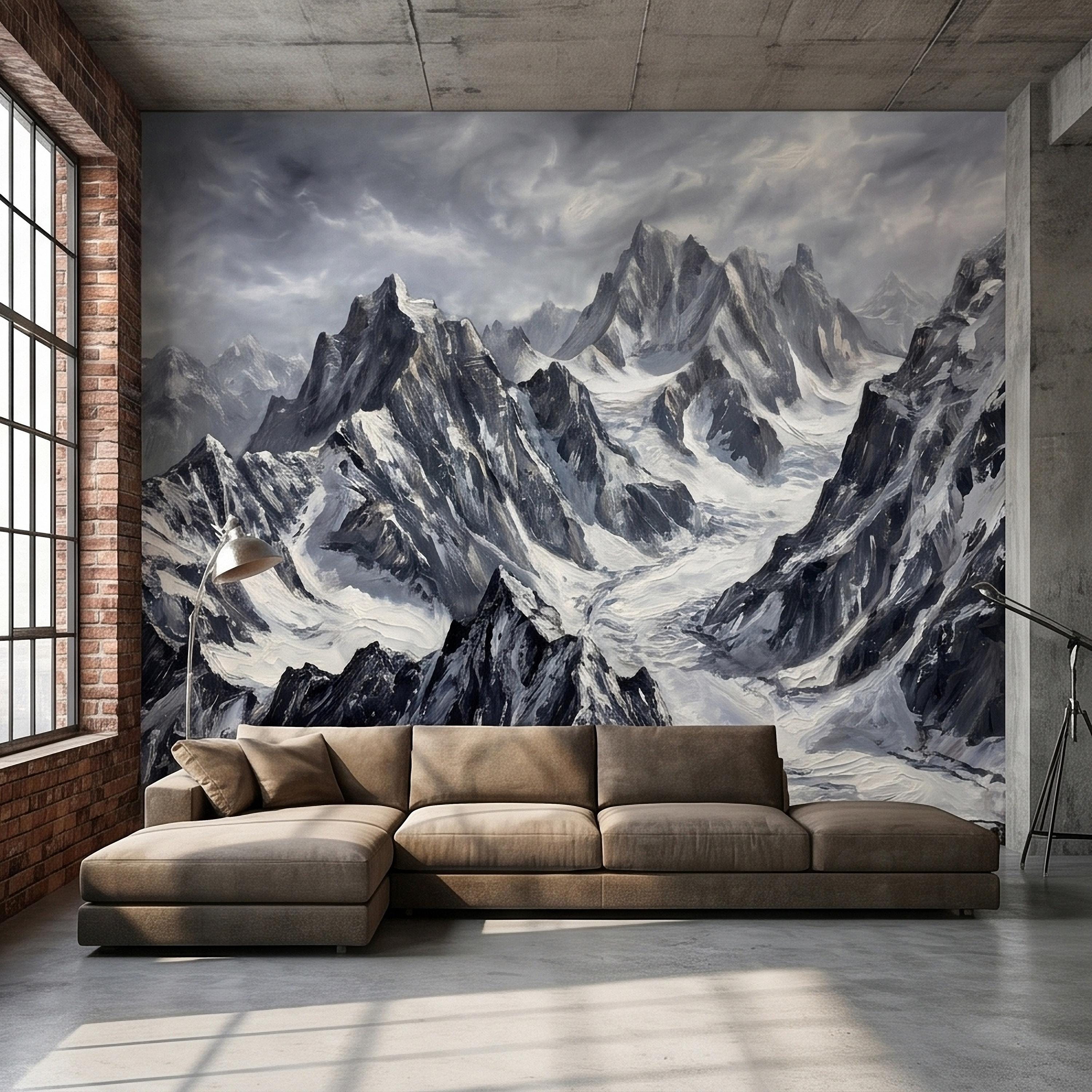 Snowy Mountain Peaks Peel and Stick Wall Mural, Black and White Moody Winter Alpine Landscape Oil Painting, Dramatic Glacier Range Wallpaper
