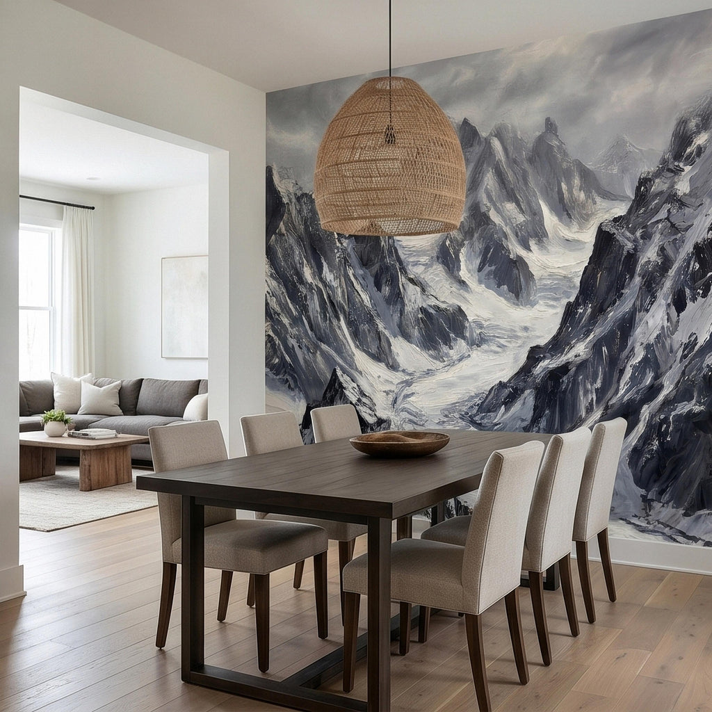Snowy Mountain Peaks Peel and Stick Wall Mural, Black and White Moody Winter Alpine Landscape Oil Painting, Dramatic Glacier Range Wallpaper