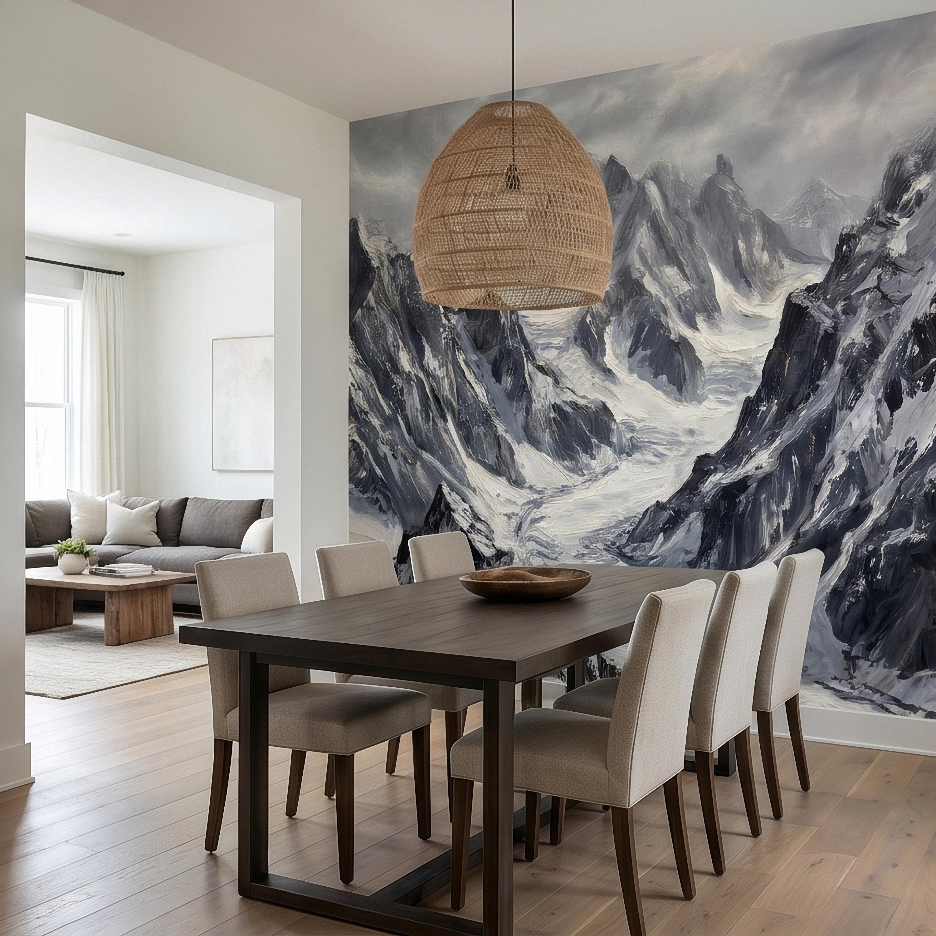 Snowy Mountain Peaks Peel and Stick Wall Mural, Black and White Moody Winter Alpine Landscape Oil Painting, Dramatic Glacier Range Wallpaper
