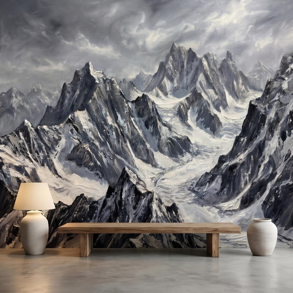 Snowy Mountain Peaks Peel and Stick Wall Mural, Black and White Moody Winter Alpine Landscape Oil Painting, Dramatic Glacier Range Wallpaper