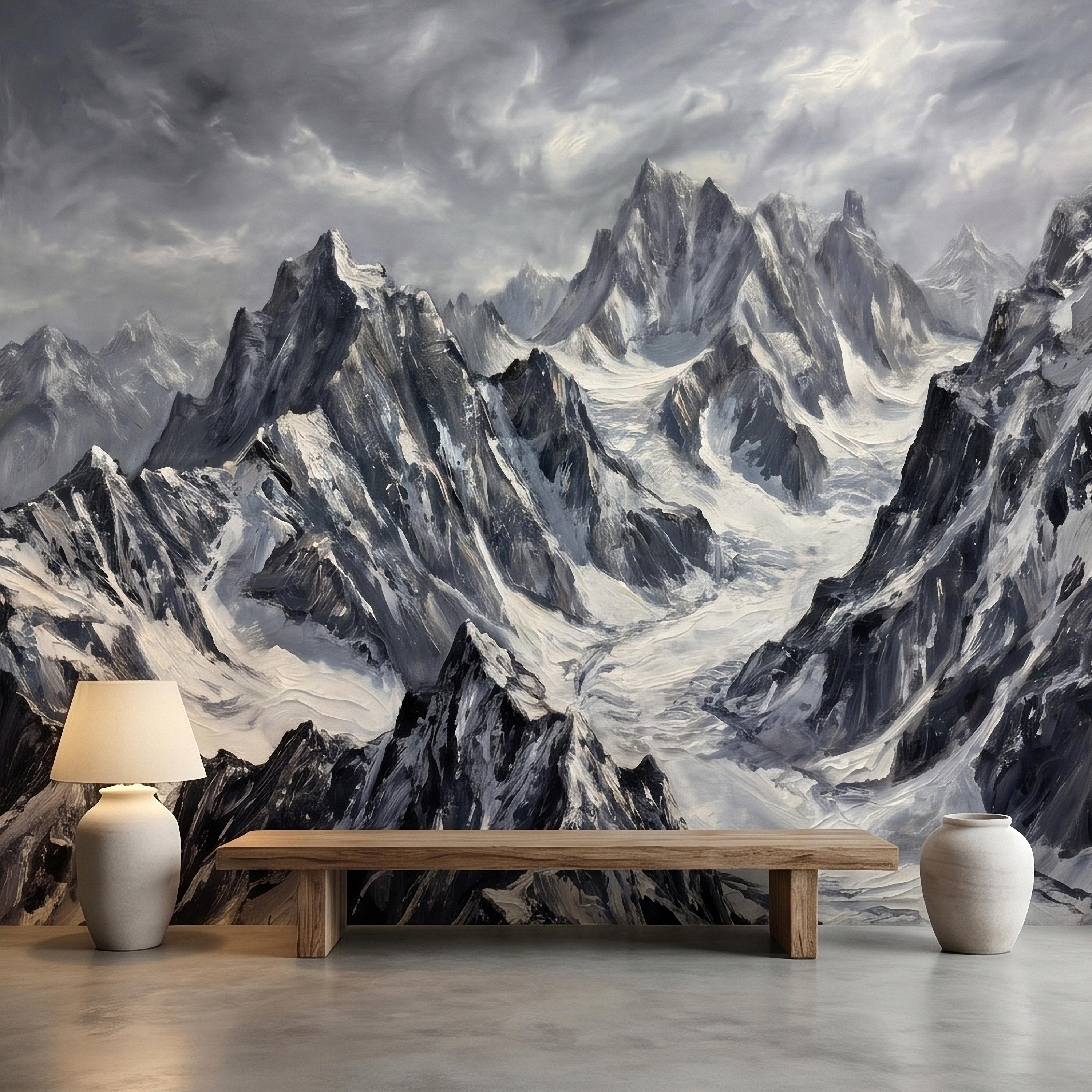Snowy Mountain Peaks Peel and Stick Wall Mural, Black and White Moody Winter Alpine Landscape Oil Painting, Dramatic Glacier Range Wallpaper
