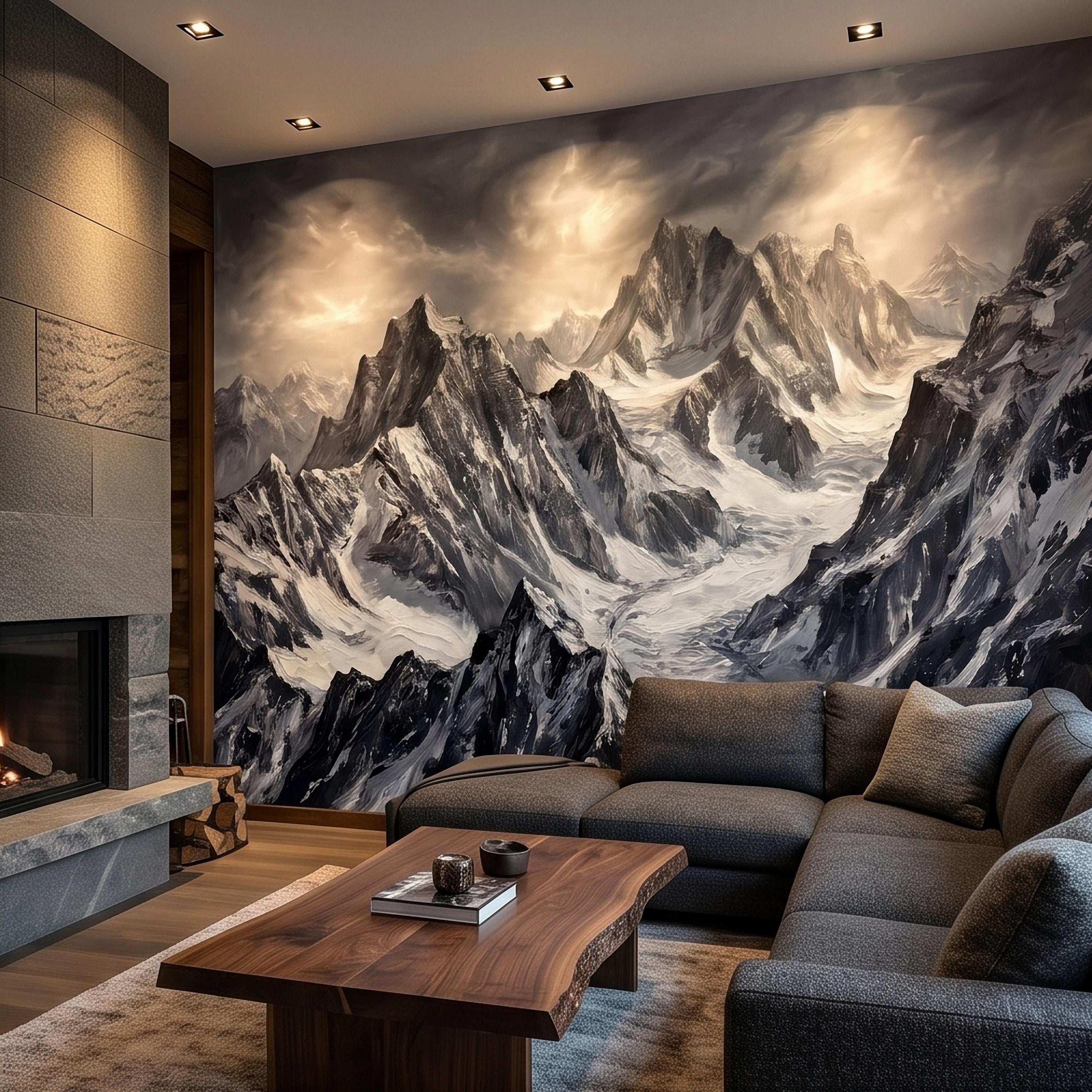 Snowy Mountain Peaks Peel and Stick Wall Mural, Black and White Moody Winter Alpine Landscape Oil Painting, Dramatic Glacier Range Wallpaper