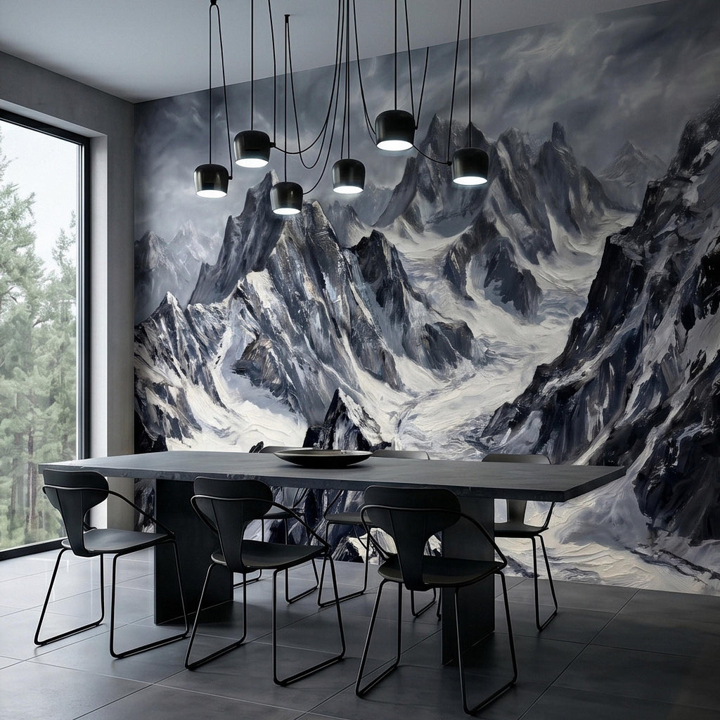 Snowy Mountain Peaks Peel and Stick Wall Mural, Black and White Moody Winter Alpine Landscape Oil Painting, Dramatic Glacier Range Wallpaper