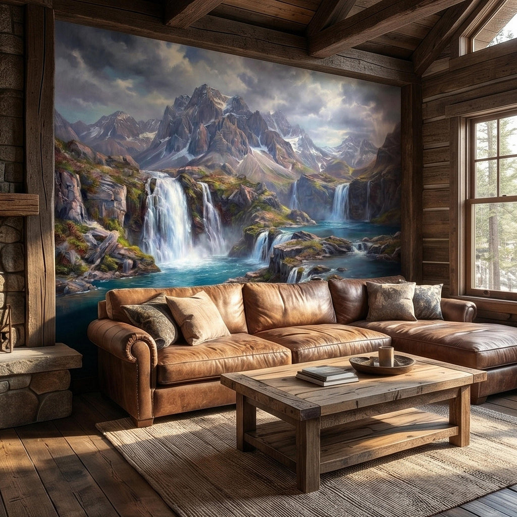 Mountain Waterfalls Peel and Stick Wall Mural, Alpine Glacier Peaks and Turquoise Lake Scenic Landscape, Dramatic Panoramic Art Wallpaper