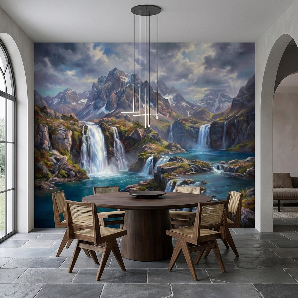 Mountain Waterfalls Peel and Stick Wall Mural, Alpine Glacier Peaks and Turquoise Lake Scenic Landscape, Dramatic Panoramic Art Wallpaper