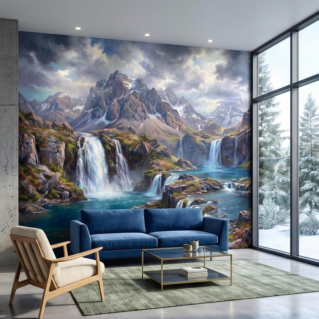 Mountain Waterfalls Peel and Stick Wall Mural, Alpine Glacier Peaks and Turquoise Lake Scenic Landscape, Dramatic Panoramic Art Wallpaper