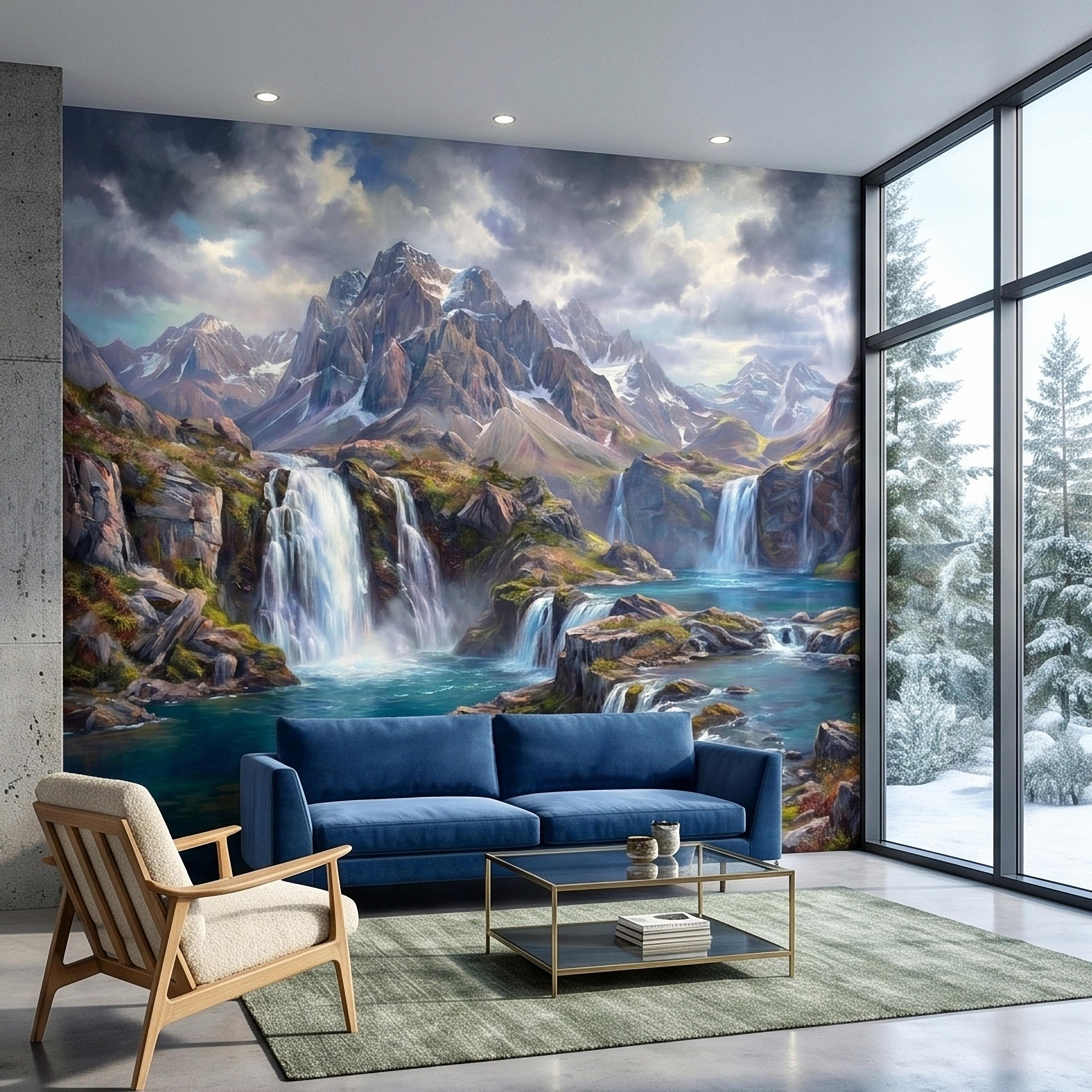 Mountain Waterfalls Peel and Stick Wall Mural, Alpine Glacier Peaks and Turquoise Lake Scenic Landscape, Dramatic Panoramic Art Wallpaper