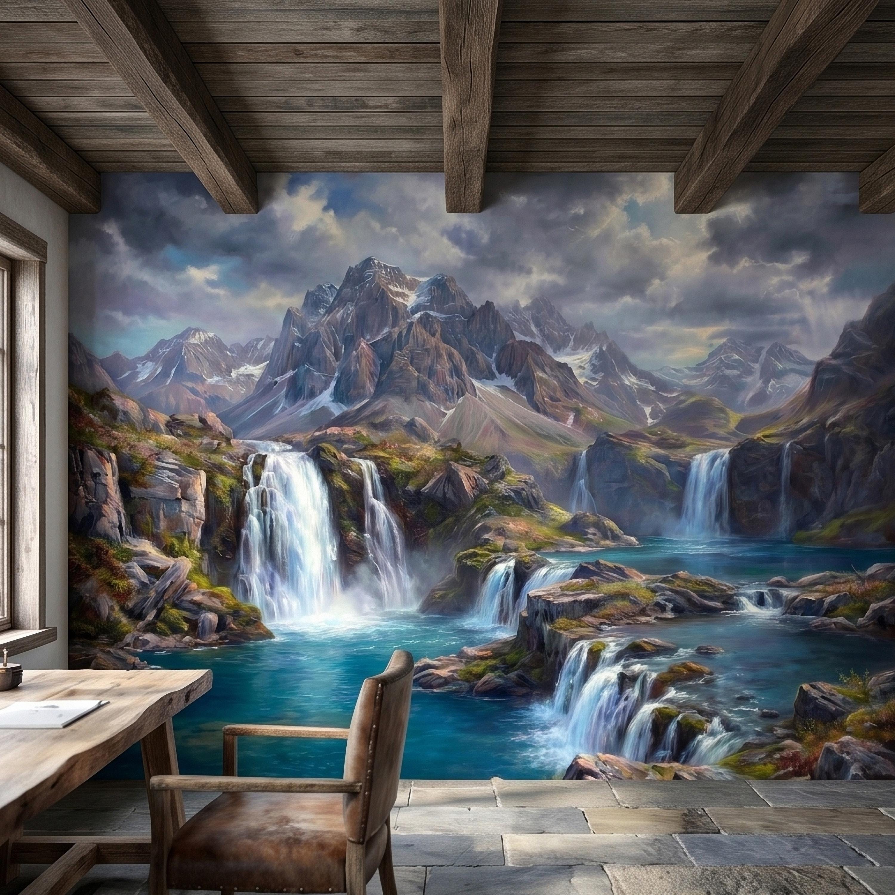 Mountain Waterfalls Peel and Stick Wall Mural, Alpine Glacier Peaks and Turquoise Lake Scenic Landscape, Dramatic Panoramic Art Wallpaper