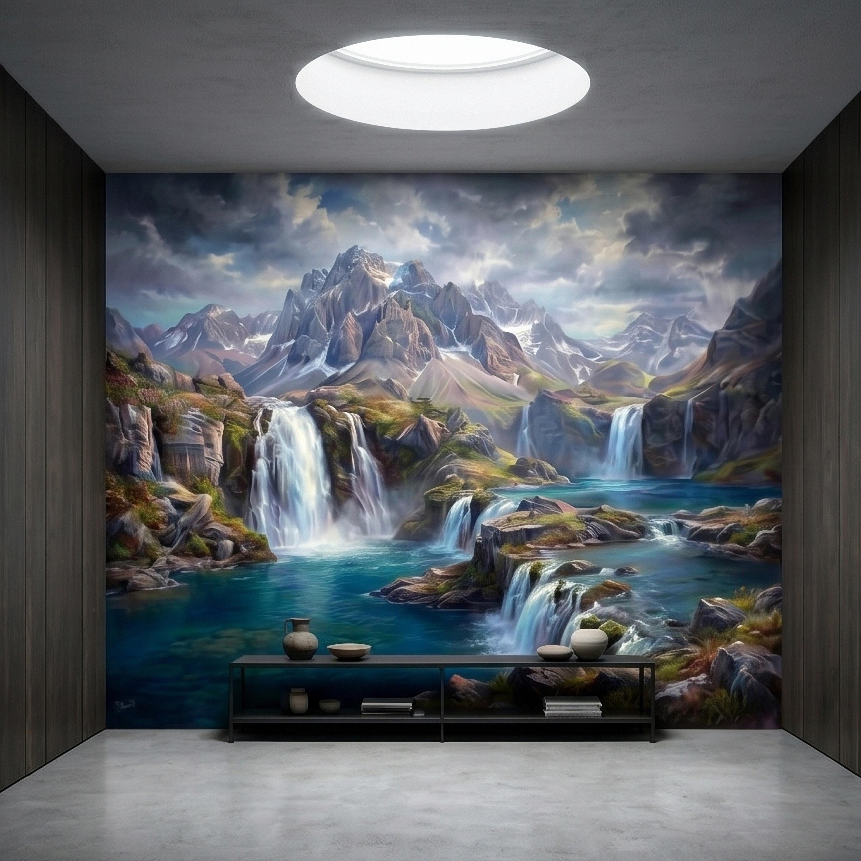 Mountain Waterfalls Peel and Stick Wall Mural, Alpine Glacier Peaks and Turquoise Lake Scenic Landscape, Dramatic Panoramic Art Wallpaper