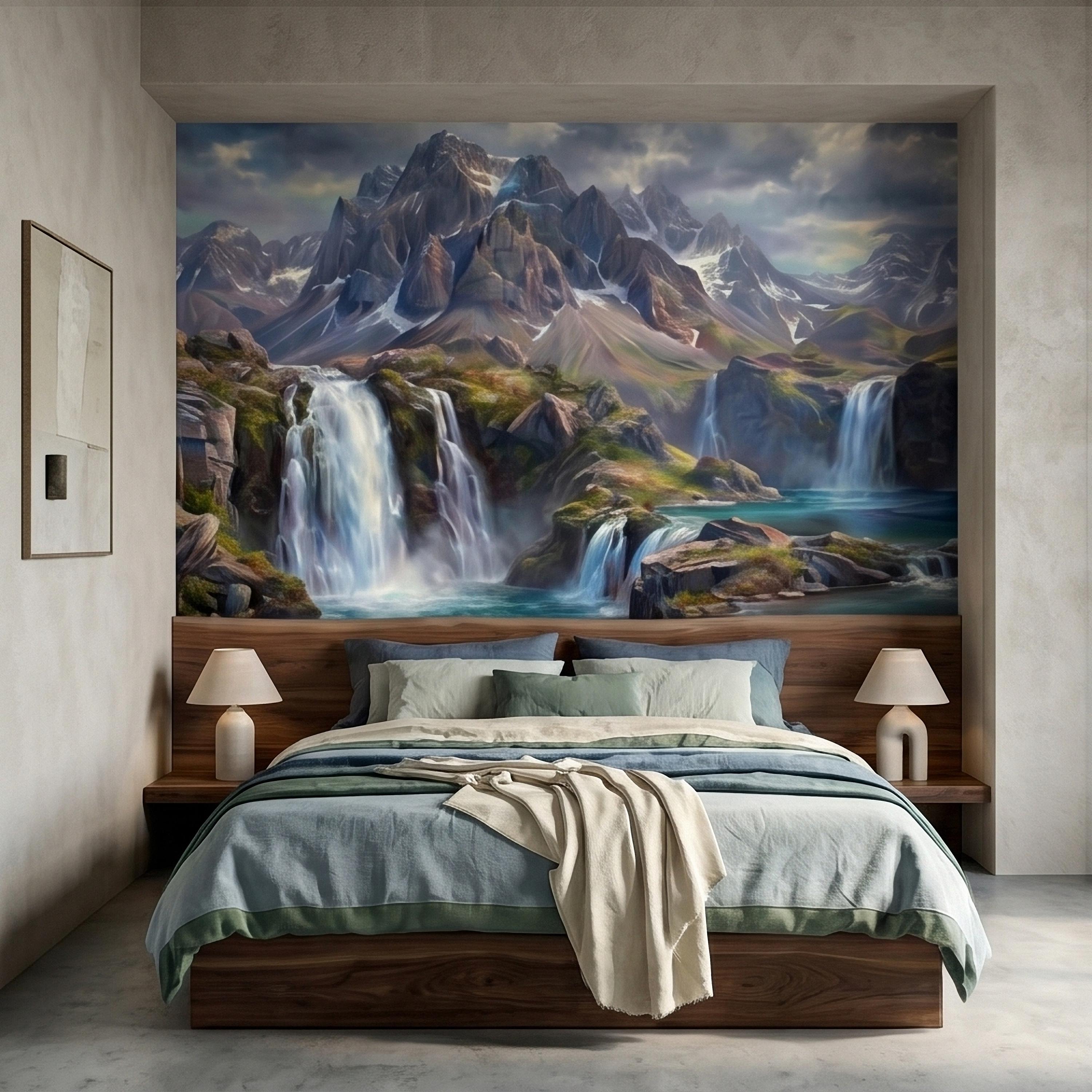 Mountain Waterfalls Peel and Stick Wall Mural, Alpine Glacier Peaks and Turquoise Lake Scenic Landscape, Dramatic Panoramic Art Wallpaper