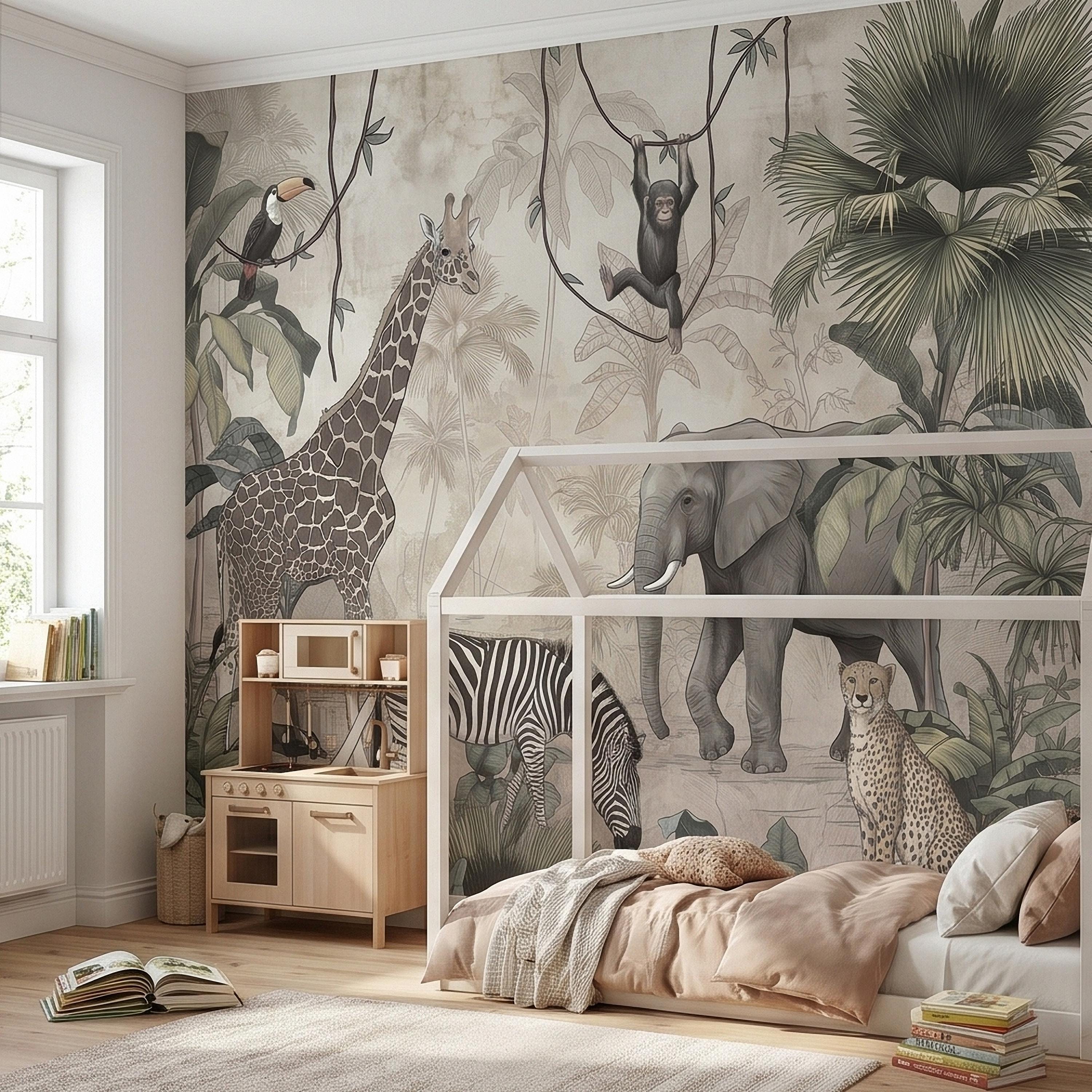 Safari Jungle Animals Peel and Stick Wall Mural, Neutral Nursery Zoo Scene, Giraffe Elephant Zebra Monkey Cheetah, Tropical Leaves Wallpaper