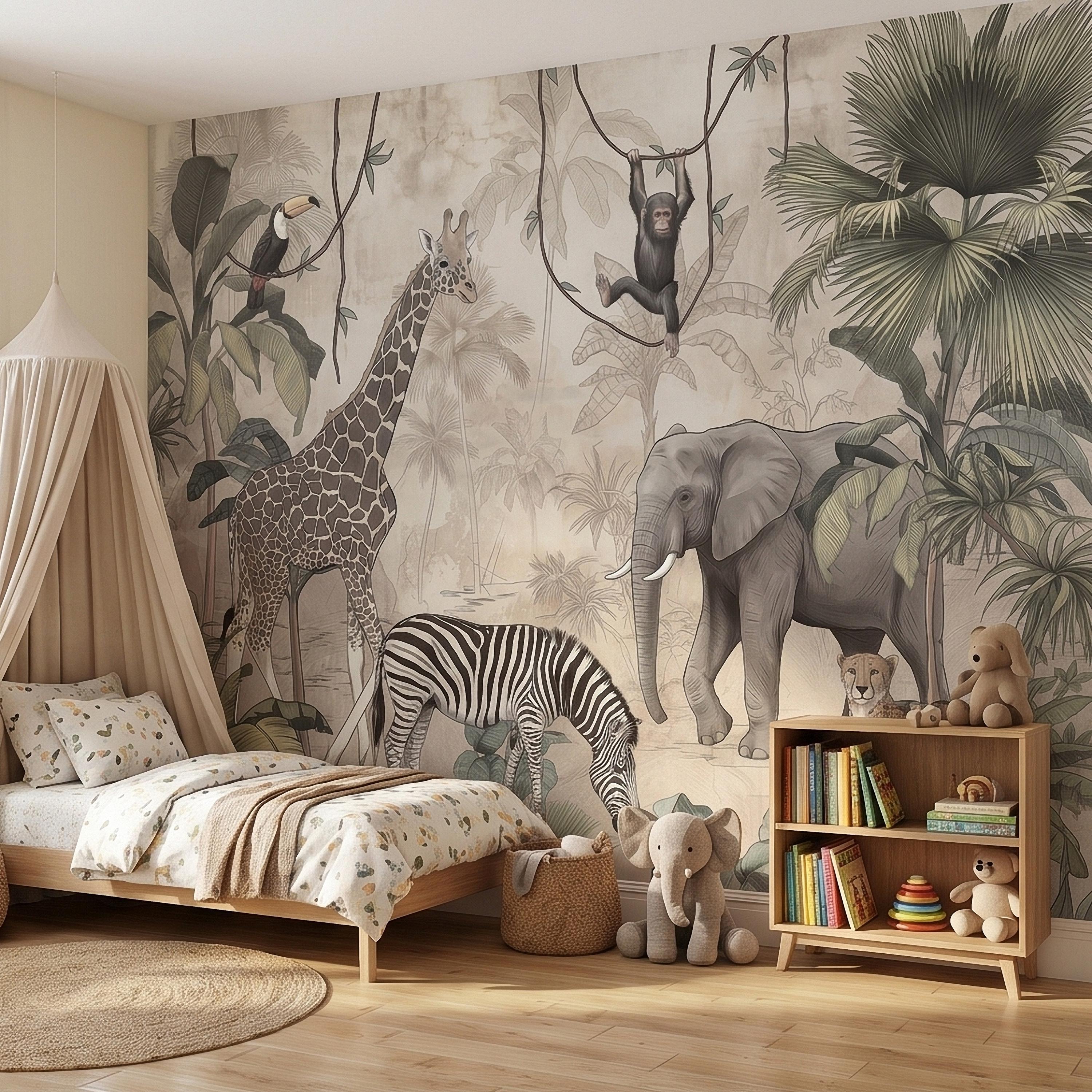 Safari Jungle Animals Peel and Stick Wall Mural, Neutral Nursery Zoo Scene, Giraffe Elephant Zebra Monkey Cheetah, Tropical Leaves Wallpaper