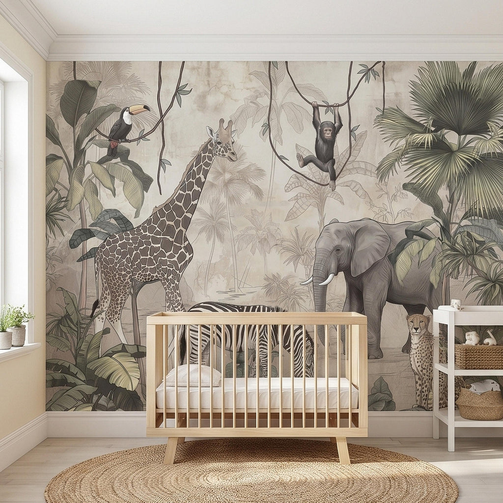 Safari Jungle Animals Peel and Stick Wall Mural, Neutral Nursery Zoo Scene, Giraffe Elephant Zebra Monkey Cheetah, Tropical Leaves Wallpaper