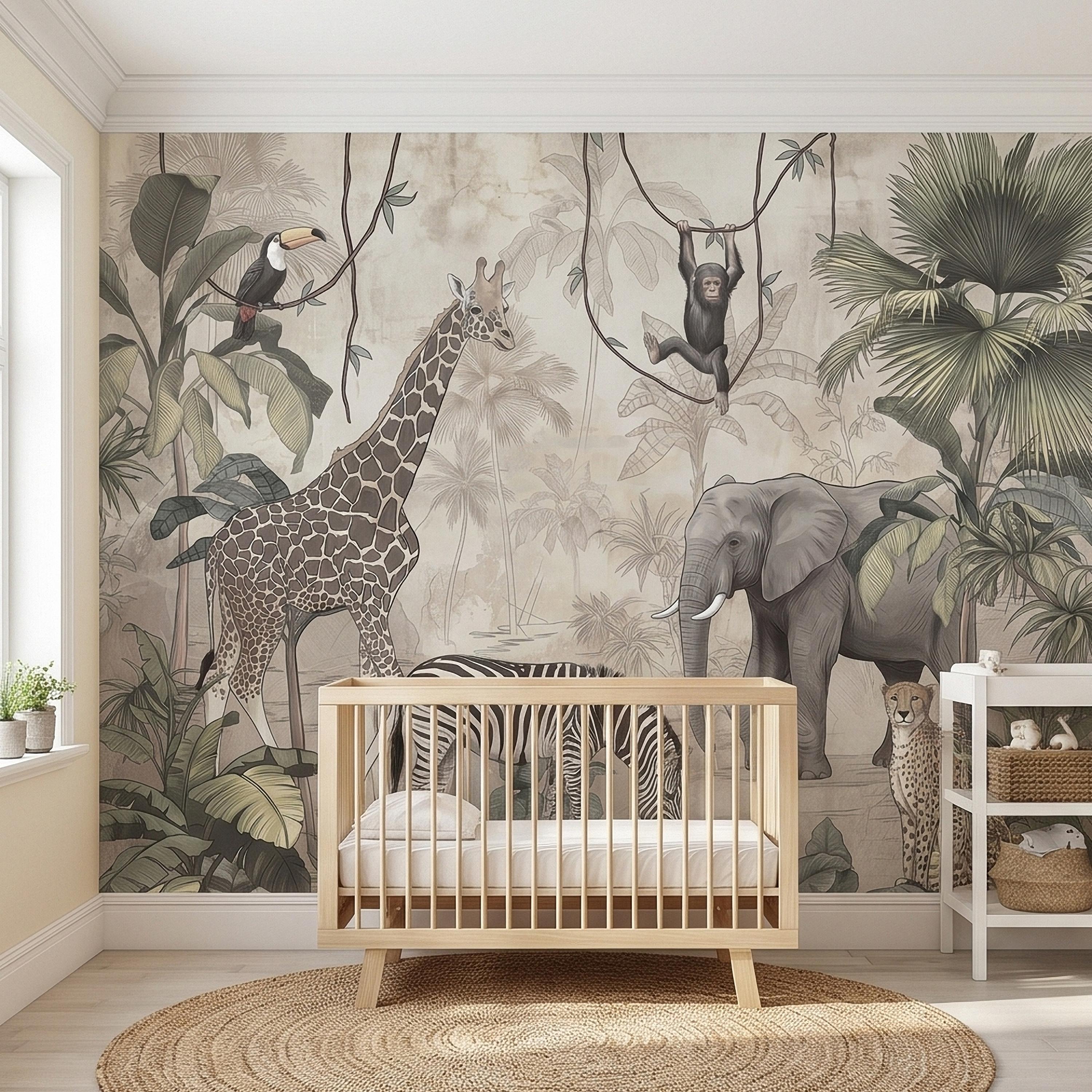 Safari Jungle Animals Peel and Stick Wall Mural, Neutral Nursery Zoo Scene, Giraffe Elephant Zebra Monkey Cheetah, Tropical Leaves Wallpaper