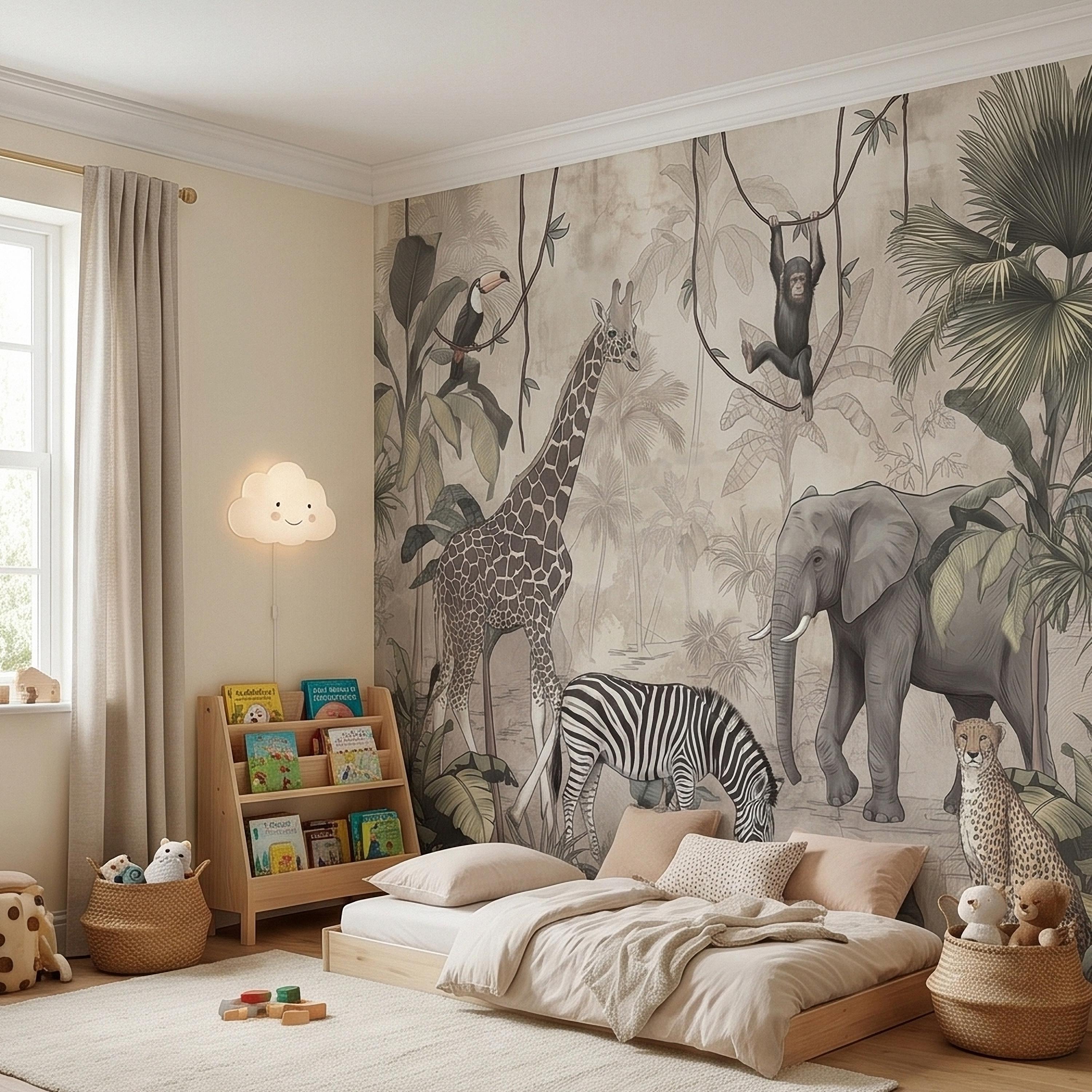 Safari Jungle Animals Peel and Stick Wall Mural, Neutral Nursery Zoo Scene, Giraffe Elephant Zebra Monkey Cheetah, Tropical Leaves Wallpaper