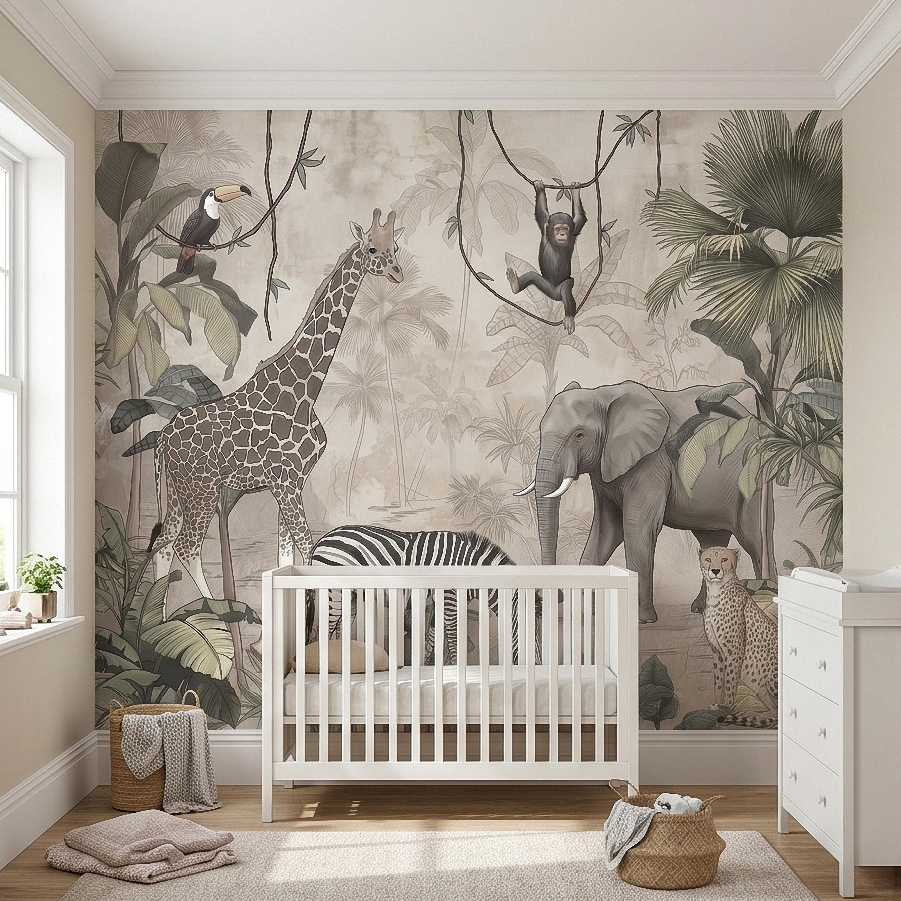 Safari Jungle Animals Peel and Stick Wall Mural, Neutral Nursery Zoo Scene, Giraffe Elephant Zebra Monkey Cheetah, Tropical Leaves Wallpaper