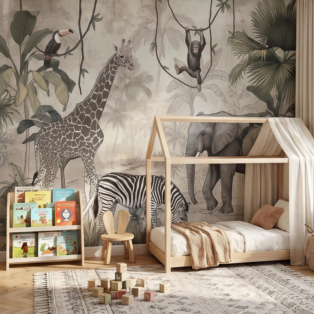 Safari Jungle Animals Peel and Stick Wall Mural, Neutral Nursery Zoo Scene, Giraffe Elephant Zebra Monkey Cheetah, Tropical Leaves Wallpaper
