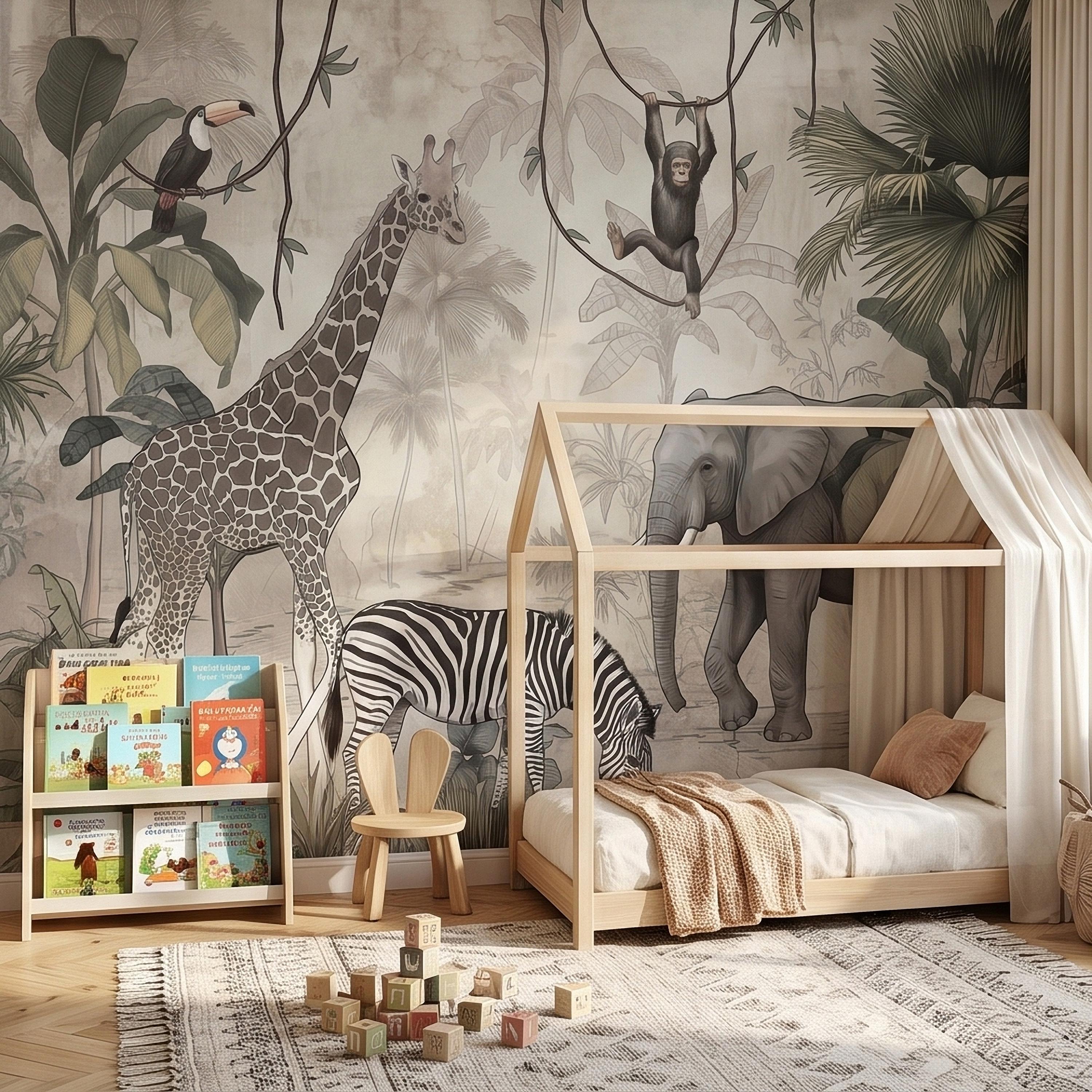 Safari Jungle Animals Peel and Stick Wall Mural, Neutral Nursery Zoo Scene, Giraffe Elephant Zebra Monkey Cheetah, Tropical Leaves Wallpaper
