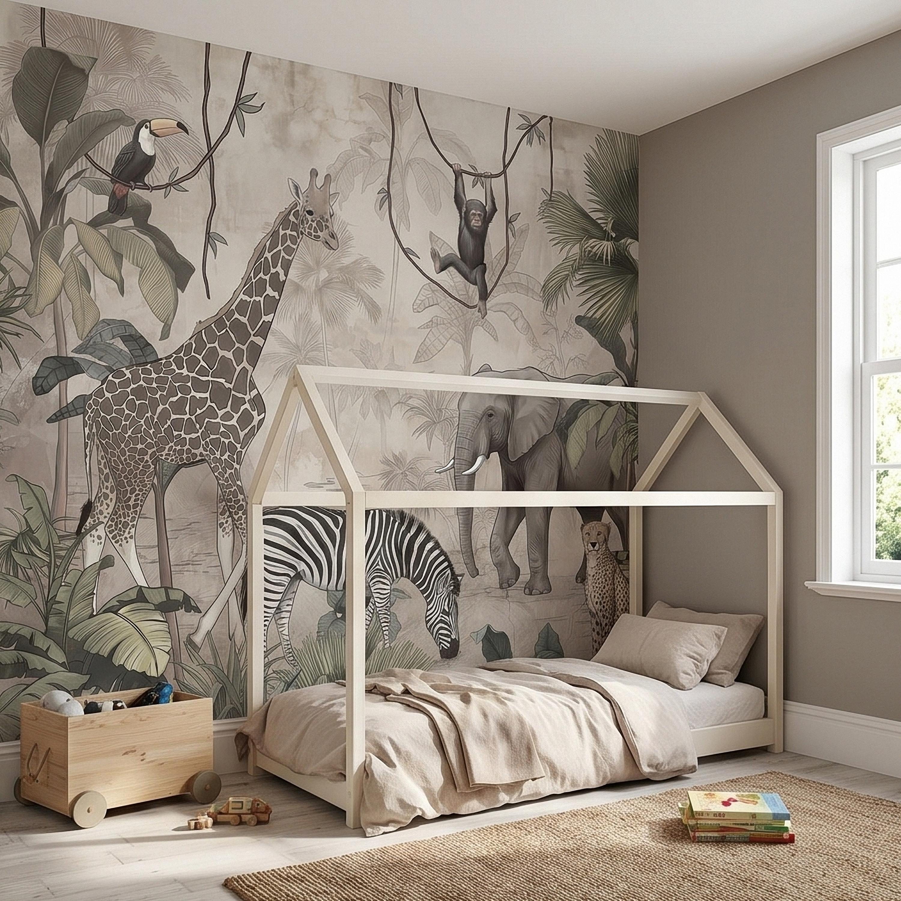 Safari Jungle Animals Peel and Stick Wall Mural, Neutral Nursery Zoo Scene, Giraffe Elephant Zebra Monkey Cheetah, Tropical Leaves Wallpaper