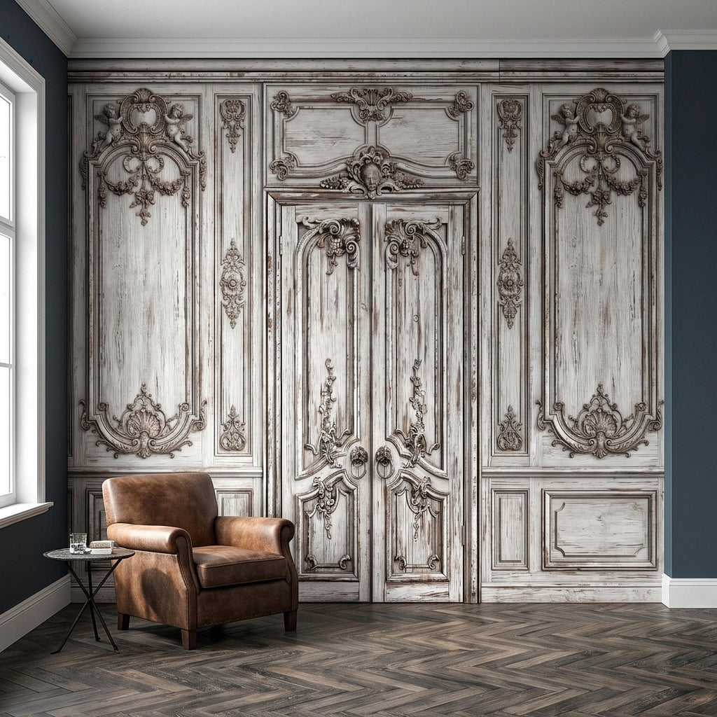Vintage French Door Peel and Stick Wall Mural, Distressed White Baroque Boiserie Panels, Ornate Antique Chateau Trompe l'Oeil Wallpaper
