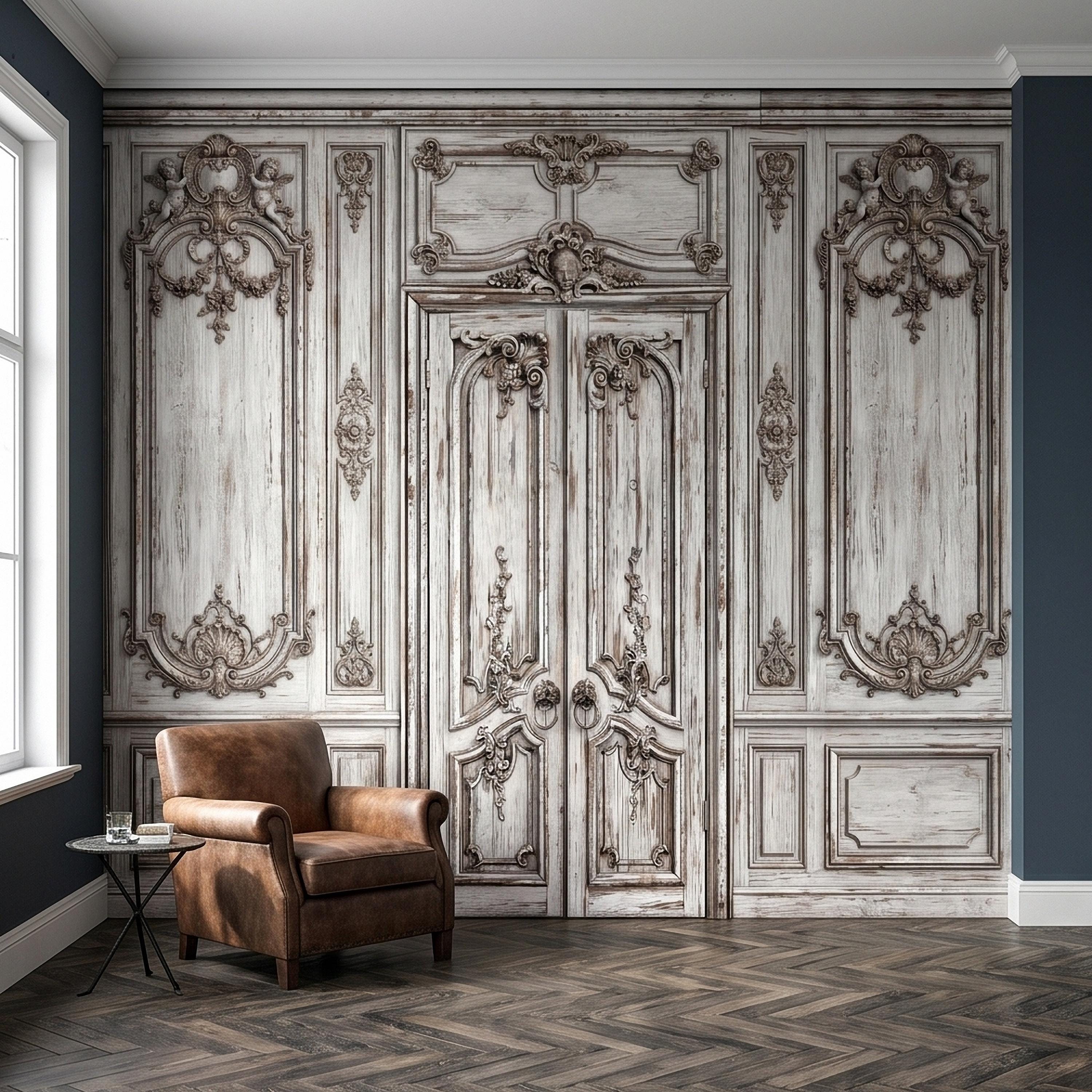 Vintage French Door Peel and Stick Wall Mural, Distressed White Baroque Boiserie Panels, Ornate Antique Chateau Trompe l'Oeil Wallpaper