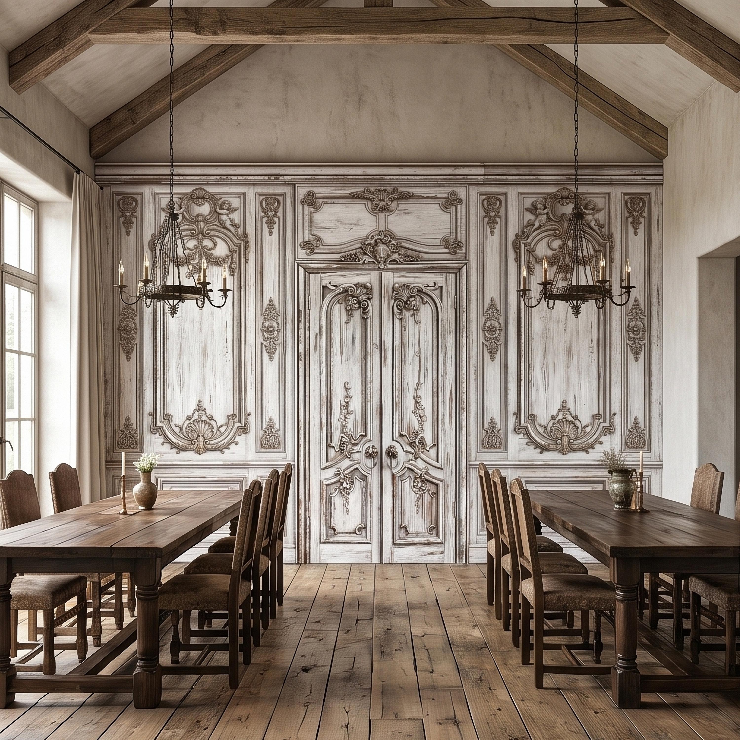 Vintage French Door Peel and Stick Wall Mural, Distressed White Baroque Boiserie Panels, Ornate Antique Chateau Trompe l'Oeil Wallpaper