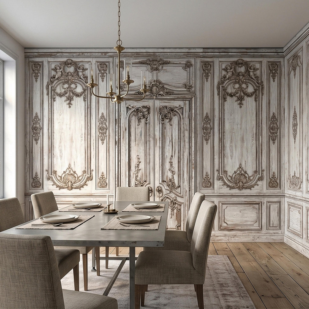 Vintage French Door Peel and Stick Wall Mural, Distressed White Baroque Boiserie Panels, Ornate Antique Chateau Trompe l'Oeil Wallpaper