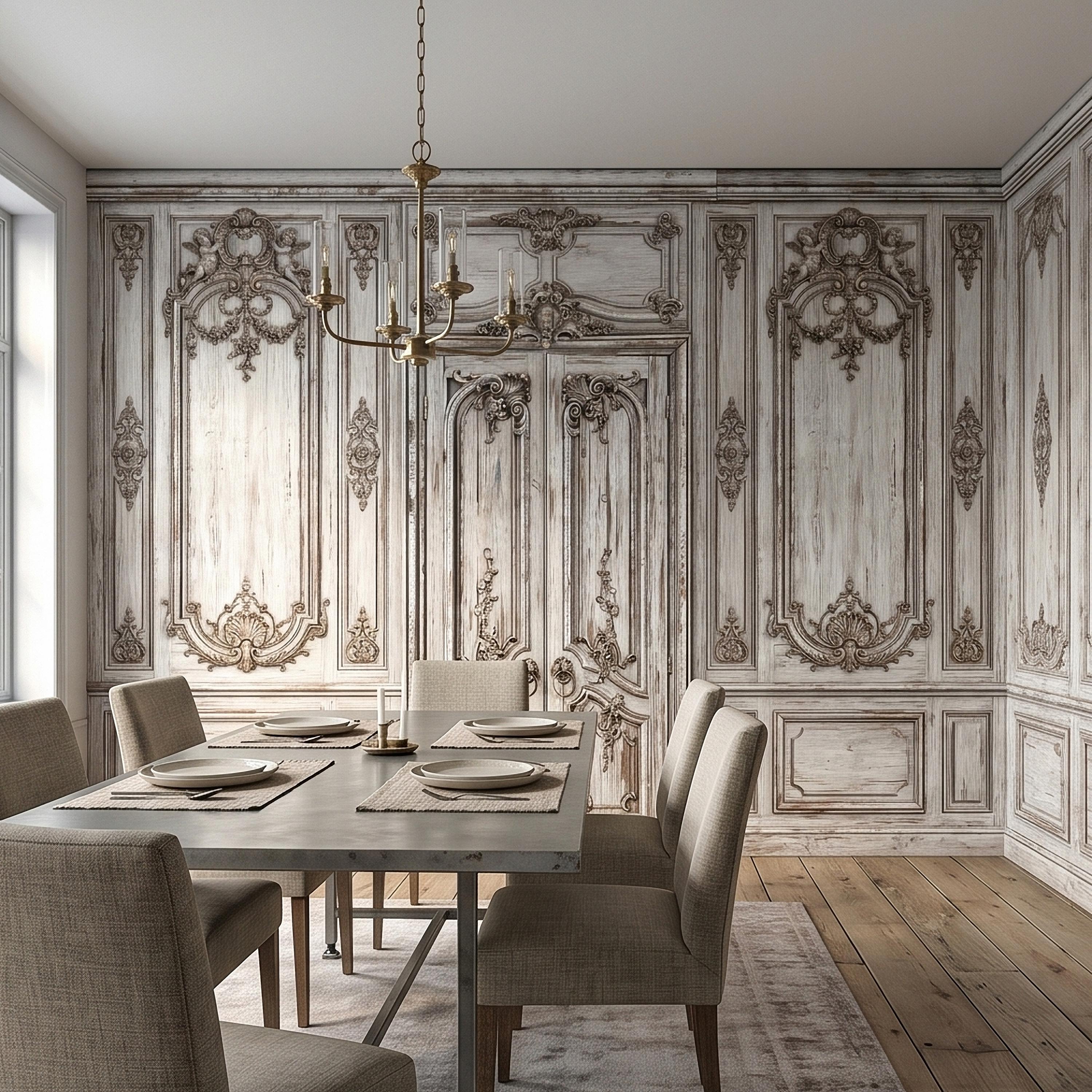 Vintage French Door Peel and Stick Wall Mural, Distressed White Baroque Boiserie Panels, Ornate Antique Chateau Trompe l'Oeil Wallpaper