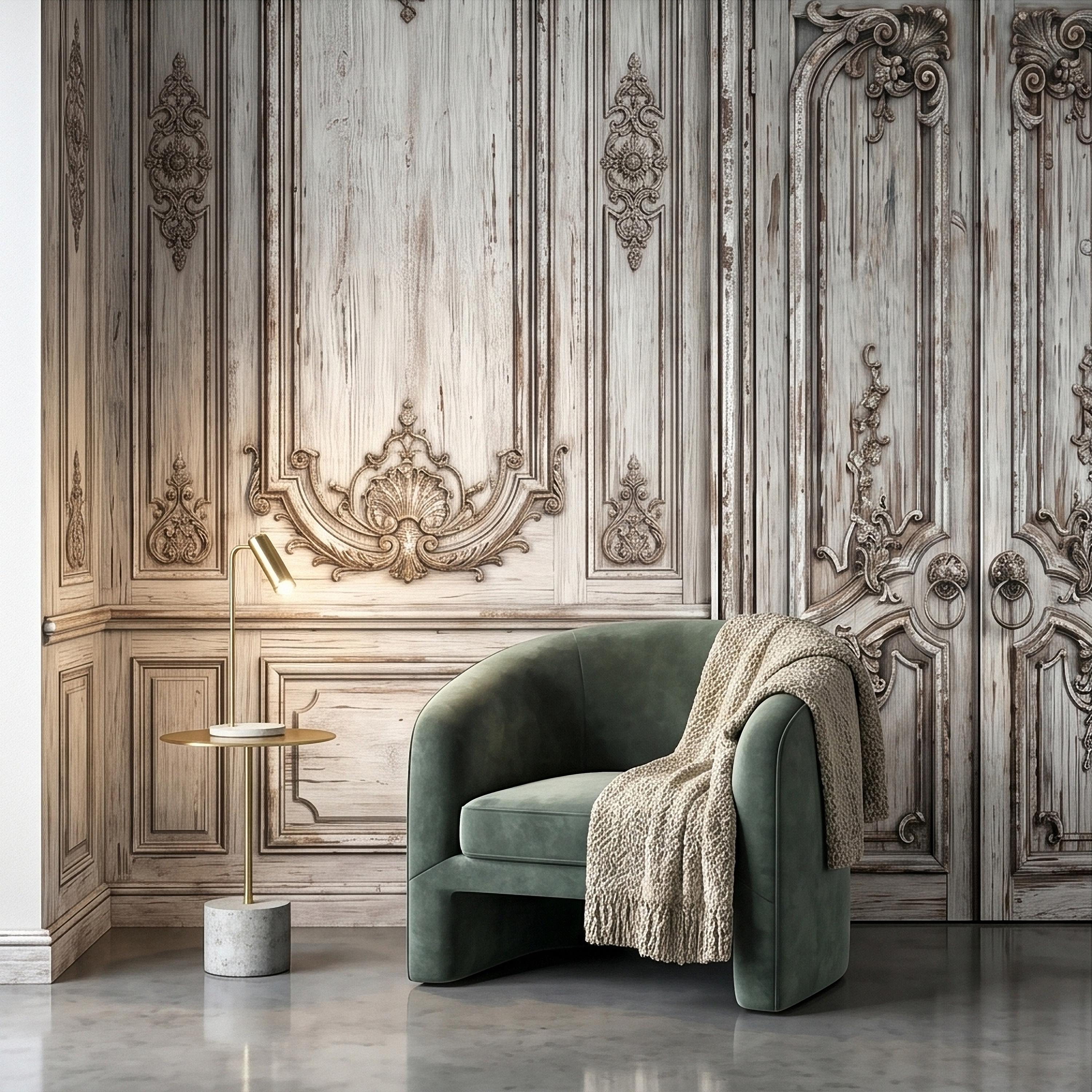 Vintage French Door Peel and Stick Wall Mural, Distressed White Baroque Boiserie Panels, Ornate Antique Chateau Trompe l'Oeil Wallpaper