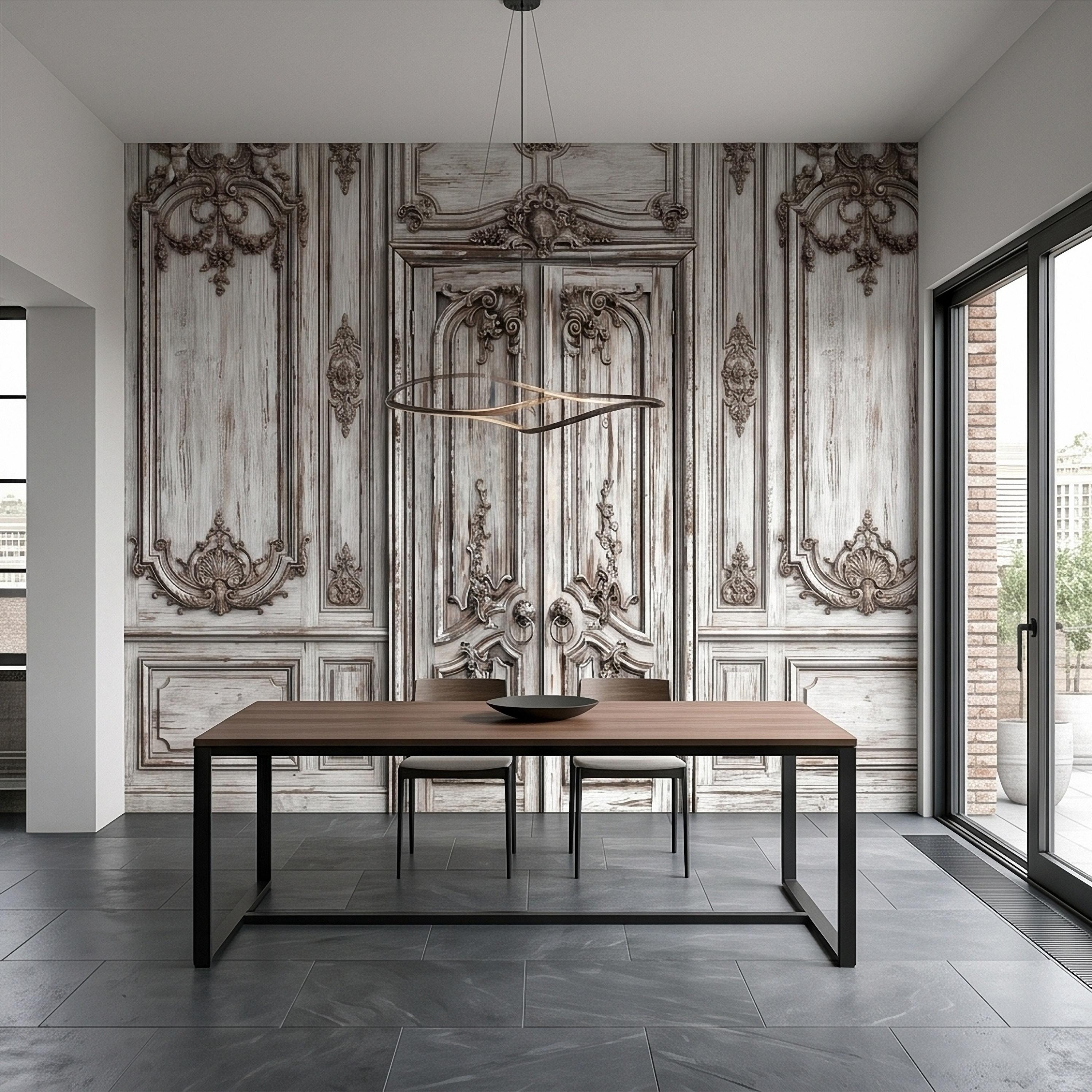 Vintage French Door Peel and Stick Wall Mural, Distressed White Baroque Boiserie Panels, Ornate Antique Chateau Trompe l'Oeil Wallpaper