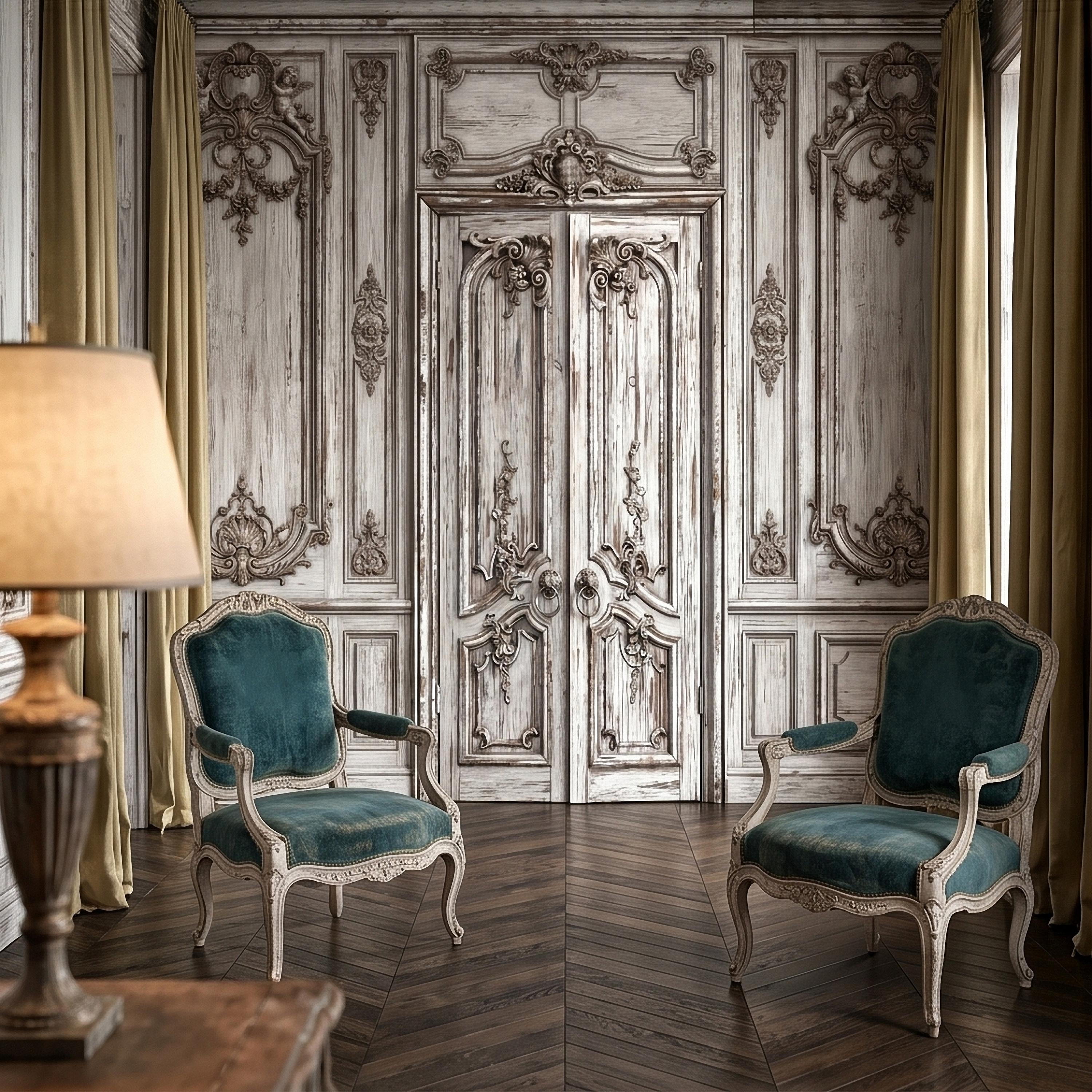 Vintage French Door Peel and Stick Wall Mural, Distressed White Baroque Boiserie Panels, Ornate Antique Chateau Trompe l'Oeil Wallpaper