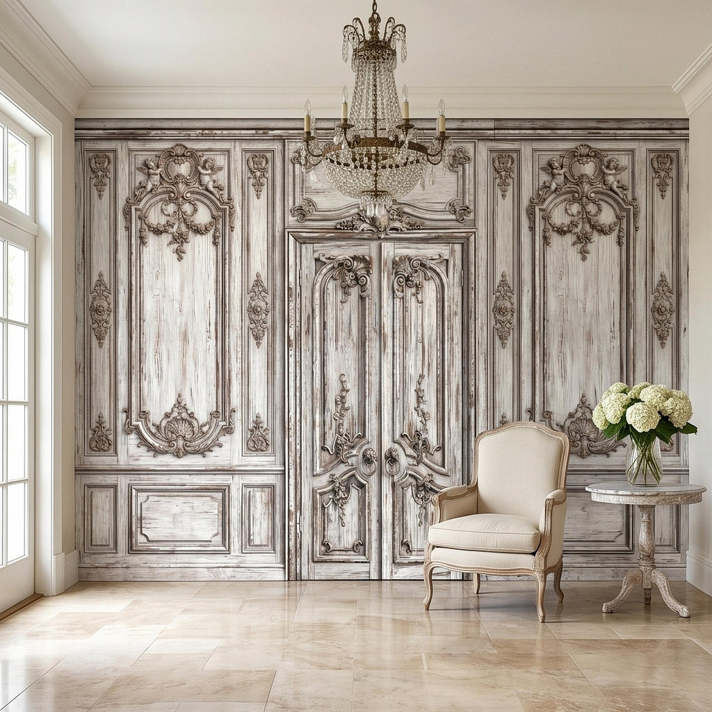 Vintage French Door Peel and Stick Wall Mural, Distressed White Baroque Boiserie Panels, Ornate Antique Chateau Trompe l'Oeil Wallpaper