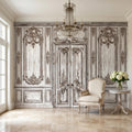 Vintage French Door Peel and Stick Wall Mural, Distressed White Baroque Boiserie Panels, Ornate Antique Chateau Trompe l'Oeil Wallpaper