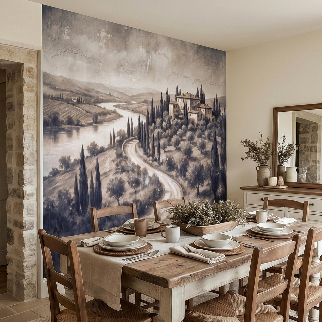 Vintage Tuscan Villa Peel and Stick Wall Mural, Italian Countryside Fresco Landscape with Cypress Trees, Old World Antique Wallpaper