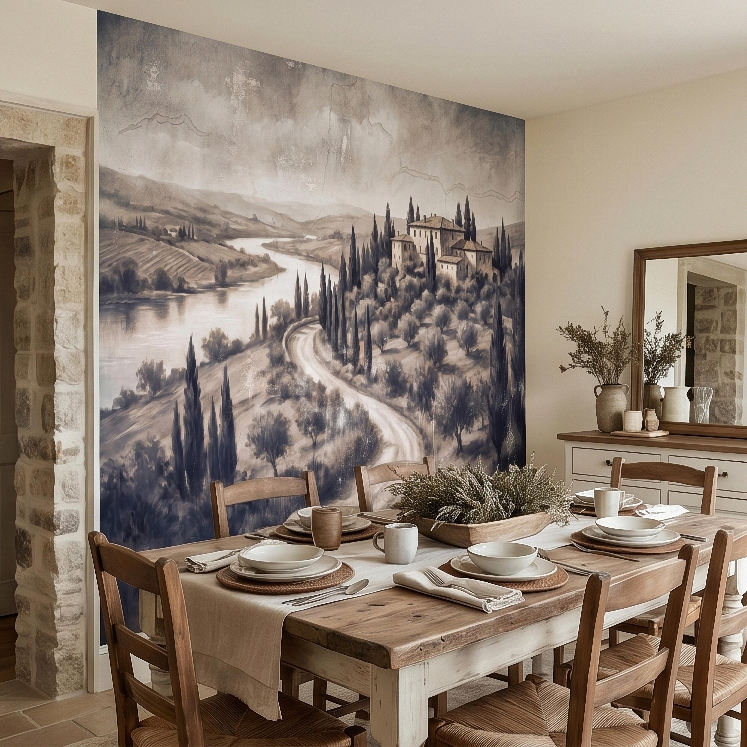 Vintage Tuscan Villa Peel and Stick Wall Mural, Italian Countryside Fresco Landscape with Cypress Trees, Old World Antique Wallpaper