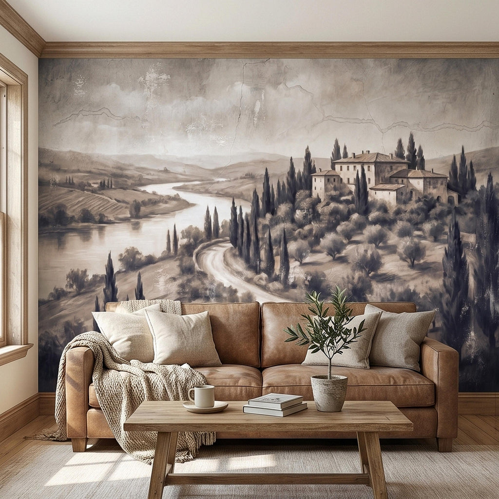 Vintage Tuscan Villa Peel and Stick Wall Mural, Italian Countryside Fresco Landscape with Cypress Trees, Old World Antique Wallpaper
