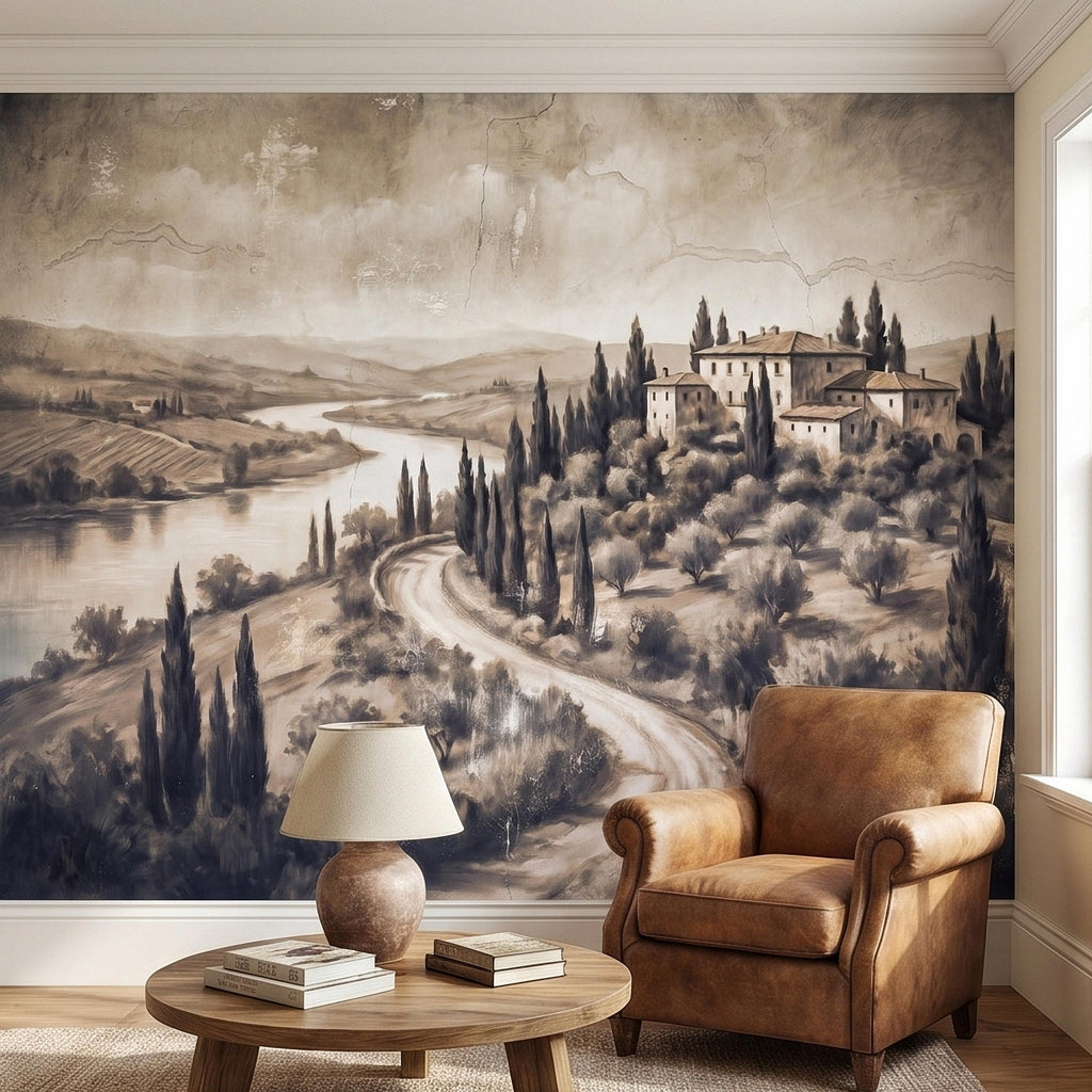 Vintage Tuscan Villa Peel and Stick Wall Mural, Italian Countryside Fresco Landscape with Cypress Trees, Old World Antique Wallpaper