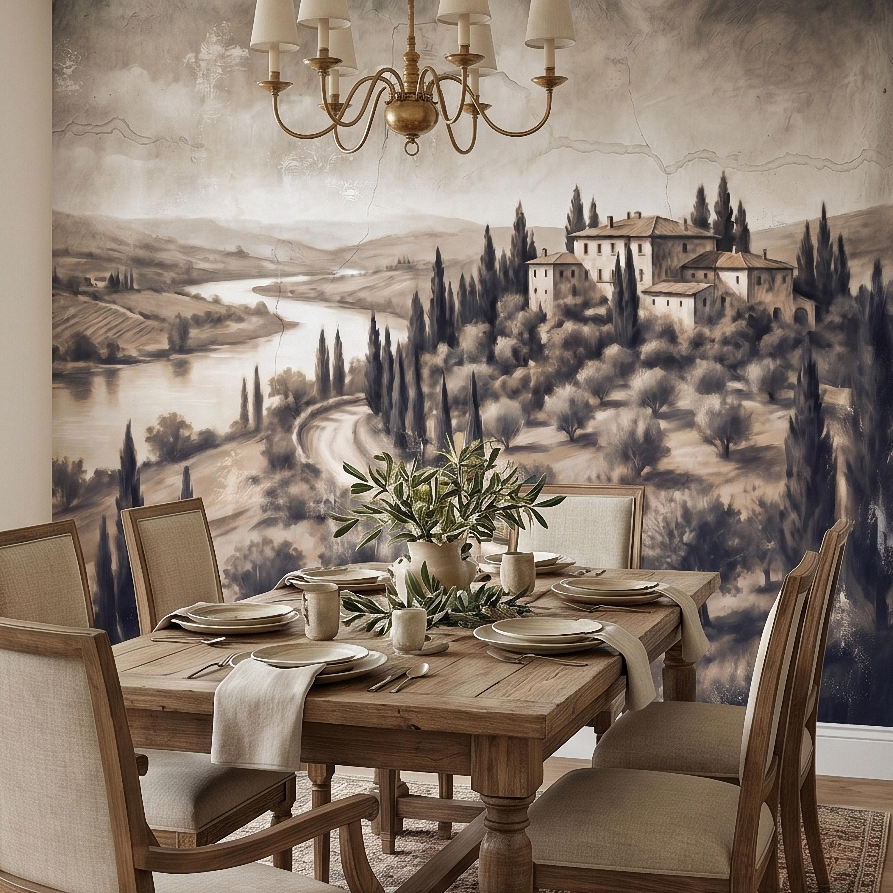 Vintage Tuscan Villa Peel and Stick Wall Mural, Italian Countryside Fresco Landscape with Cypress Trees, Old World Antique Wallpaper