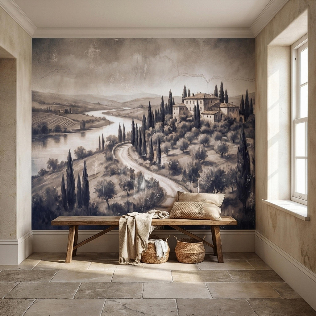 Vintage Tuscan Villa Peel and Stick Wall Mural, Italian Countryside Fresco Landscape with Cypress Trees, Old World Antique Wallpaper
