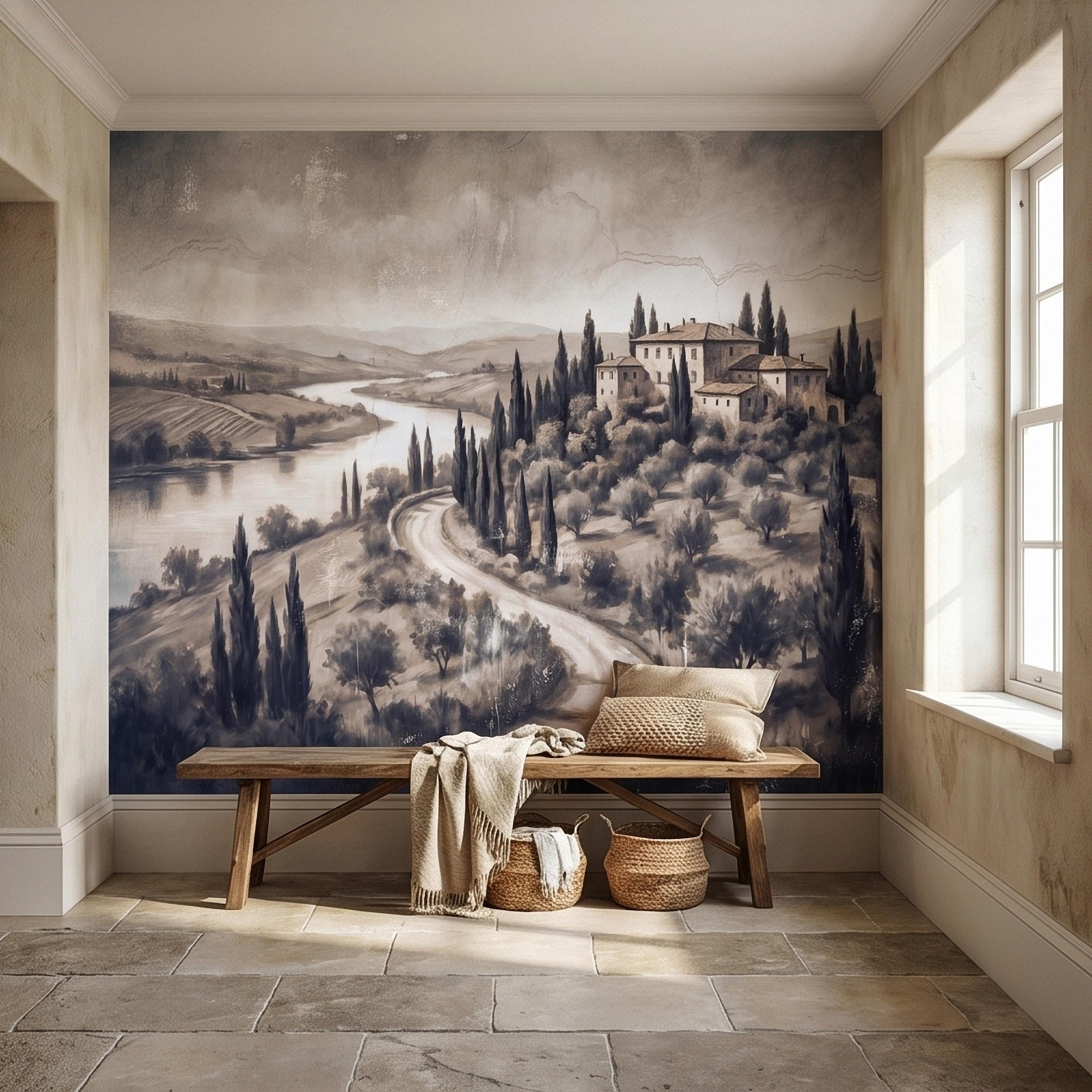 Vintage Tuscan Villa Peel and Stick Wall Mural, Italian Countryside Fresco Landscape with Cypress Trees, Old World Antique Wallpaper