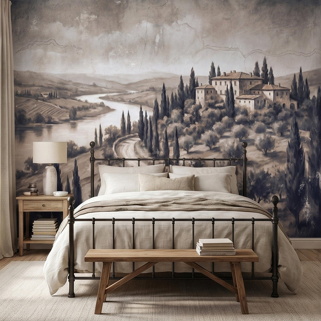 Vintage Tuscan Villa Peel and Stick Wall Mural, Italian Countryside Fresco Landscape with Cypress Trees, Old World Antique Wallpaper
