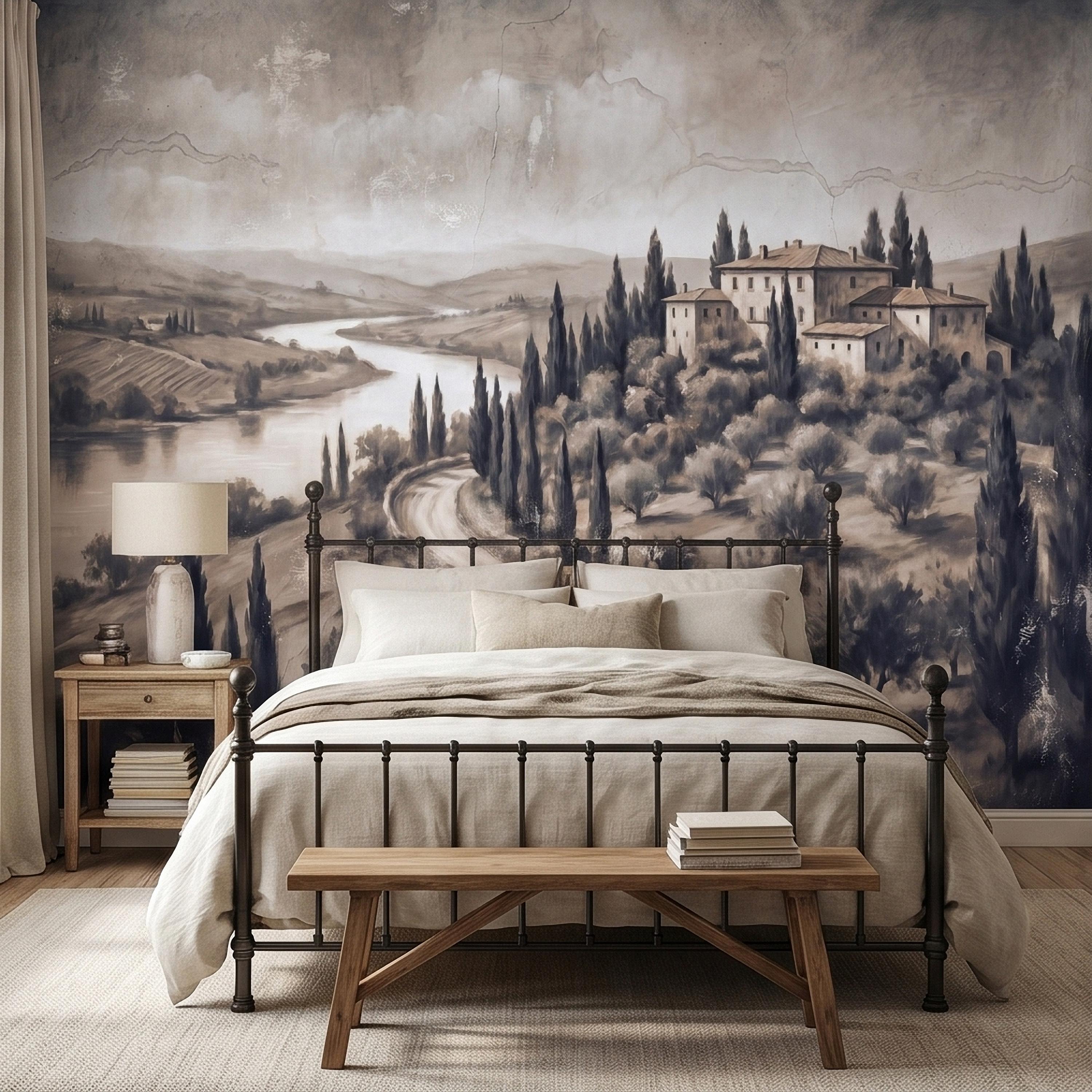 Vintage Tuscan Villa Peel and Stick Wall Mural, Italian Countryside Fresco Landscape with Cypress Trees, Old World Antique Wallpaper