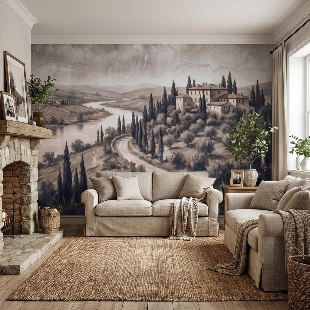 Vintage Tuscan Villa Peel and Stick Wall Mural, Italian Countryside Fresco Landscape with Cypress Trees, Old World Antique Wallpaper