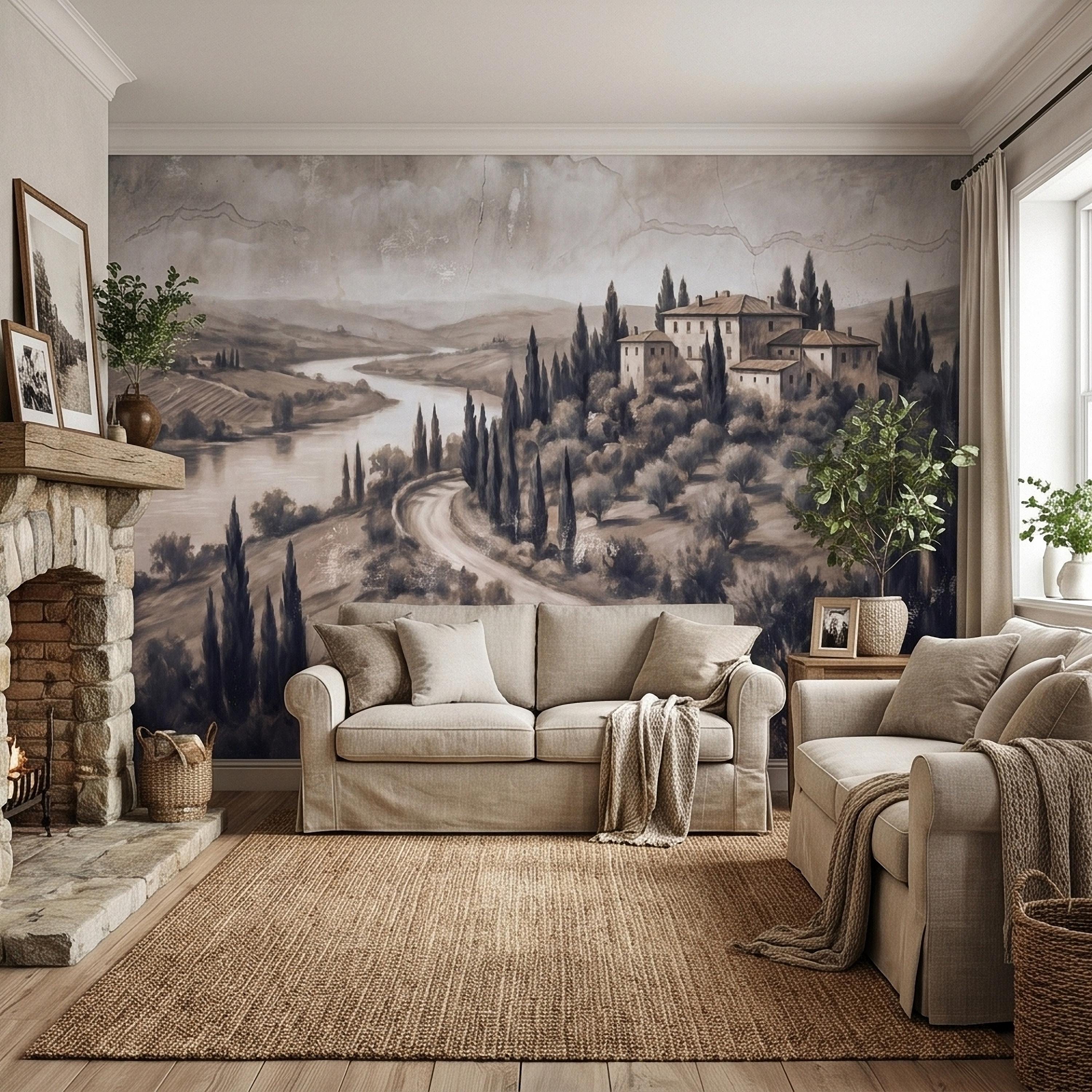 Vintage Tuscan Villa Peel and Stick Wall Mural, Italian Countryside Fresco Landscape with Cypress Trees, Old World Antique Wallpaper
