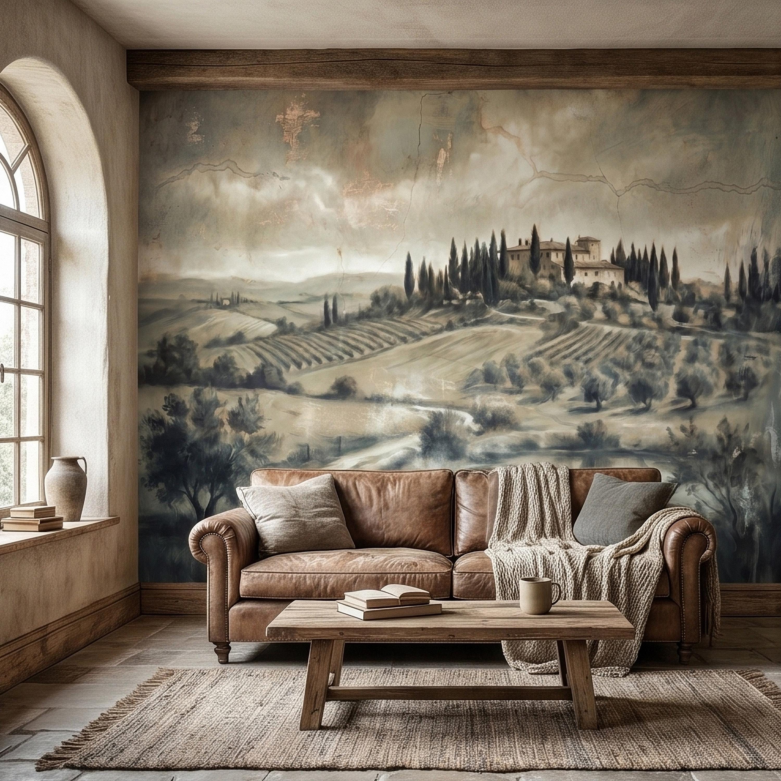 Vintage Tuscan Landscape Peel and Stick Wall Mural, Antique Fresco Italian Villa & Cypress Trees, Misty Countryside Scenic Wallpaper