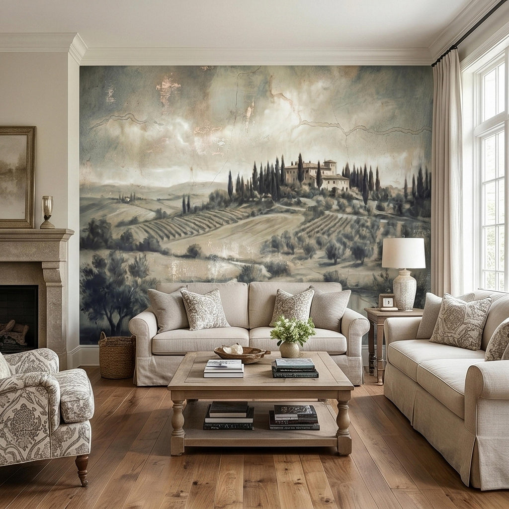 Vintage Tuscan Landscape Peel and Stick Wall Mural, Antique Fresco Italian Villa & Cypress Trees, Misty Countryside Scenic Wallpaper